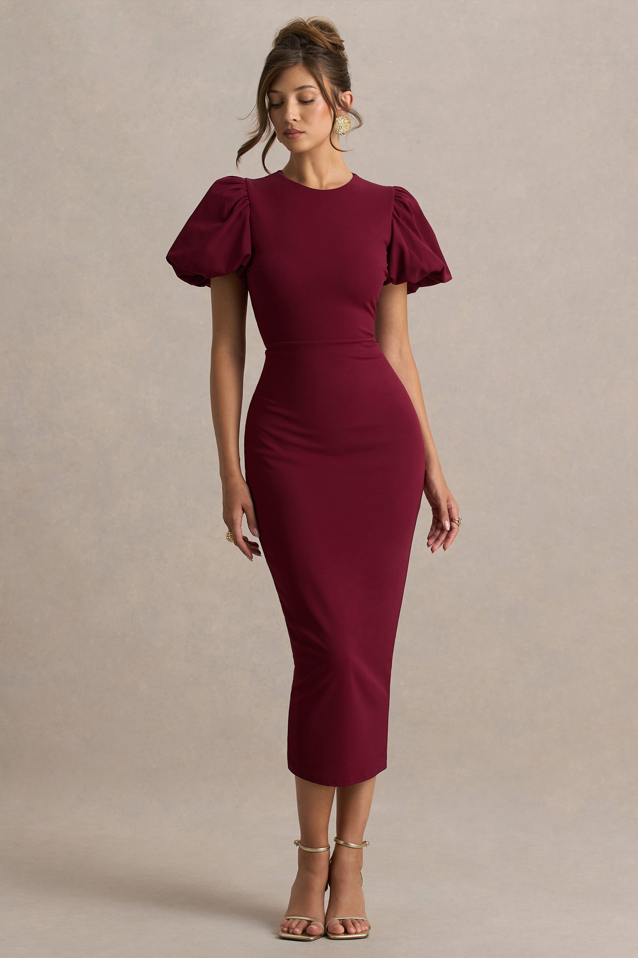 Dakota | Bordo Puff-Sleeve Midi Elbise