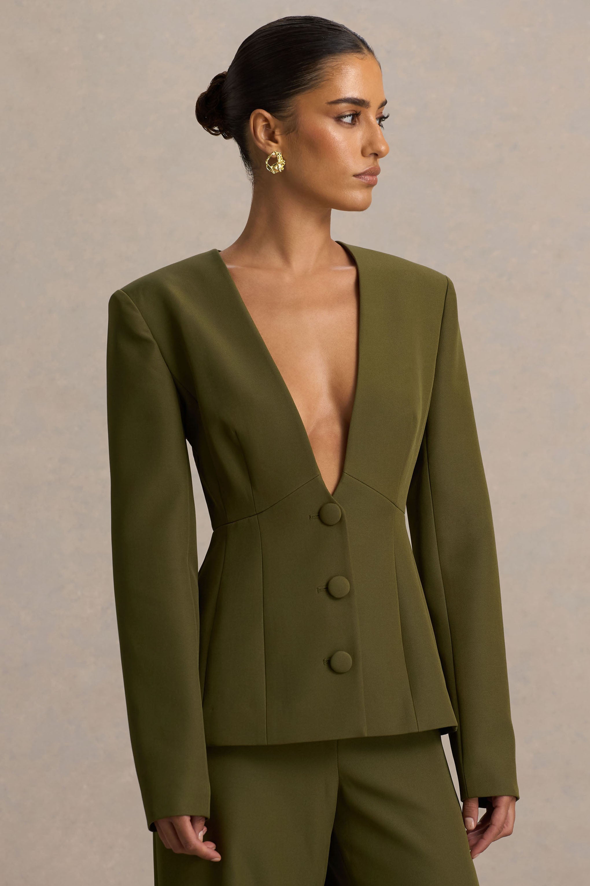 Rosalina | Zeytin Rengi Aşırı Derin Yaka Kesim Blazer