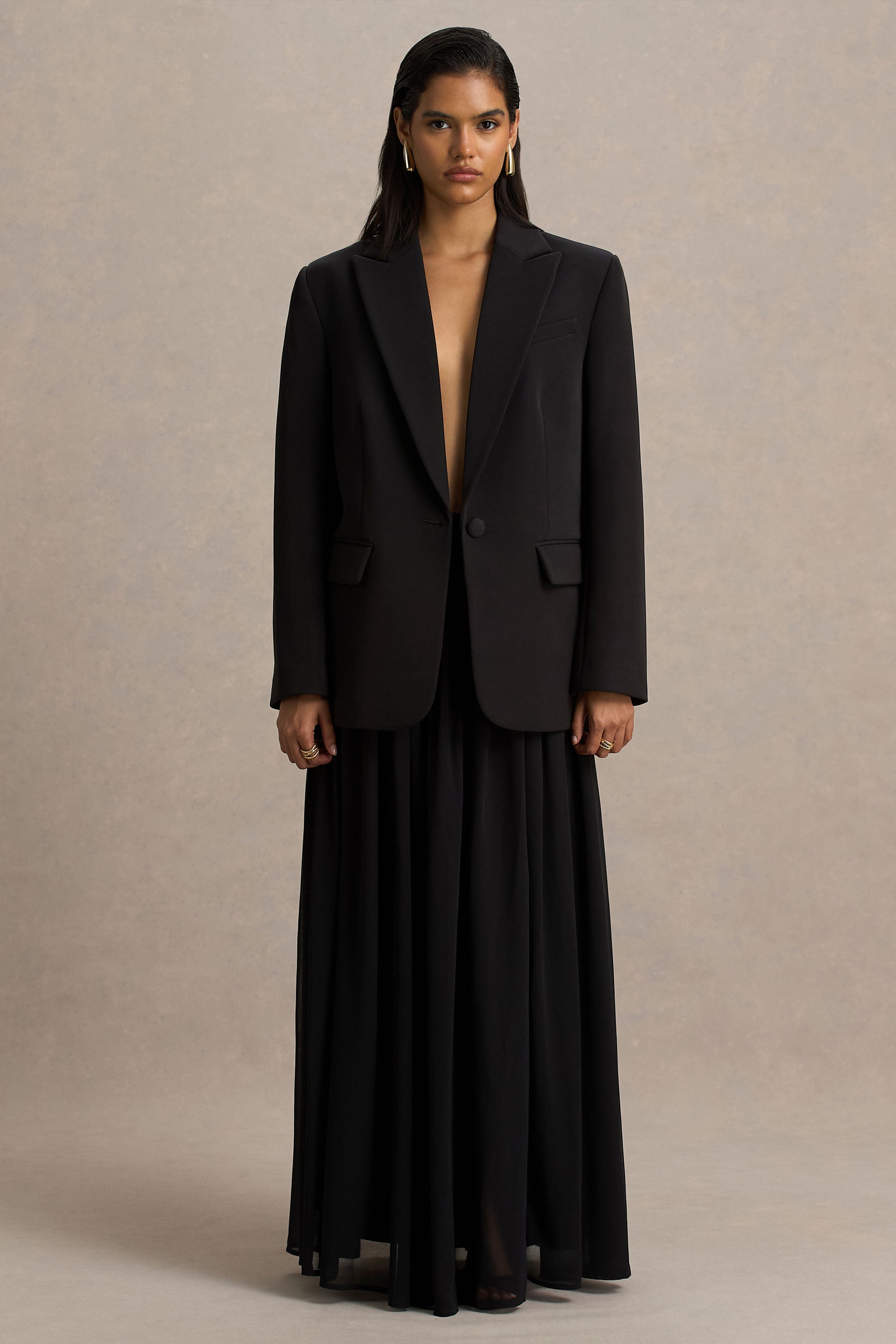 Spencer | Siyah Şifon Plise Maxi Etek