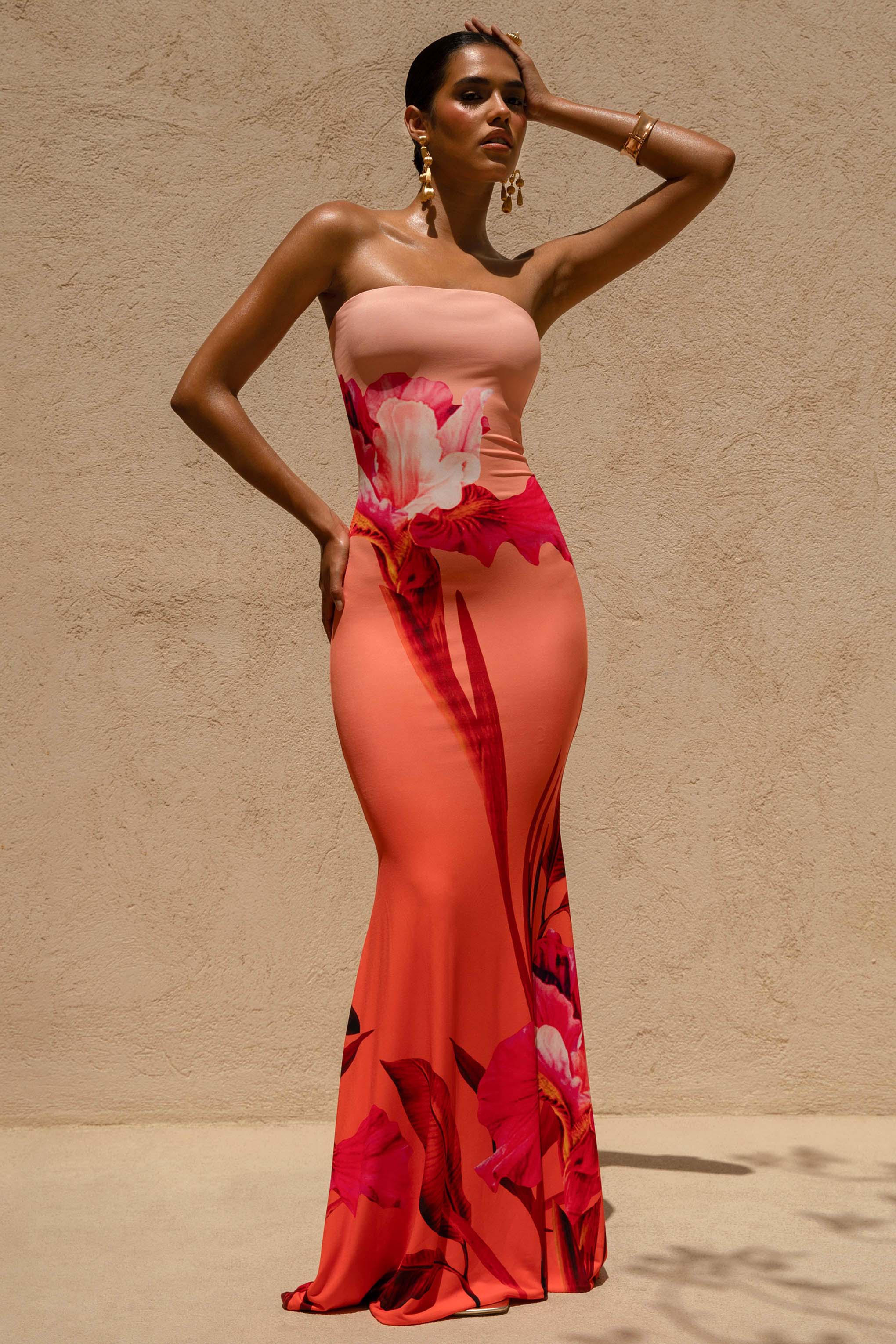 Tören | Pembe Ombre Çiçek Desenli Bandeau Kuyruklu Maxi Elbise
