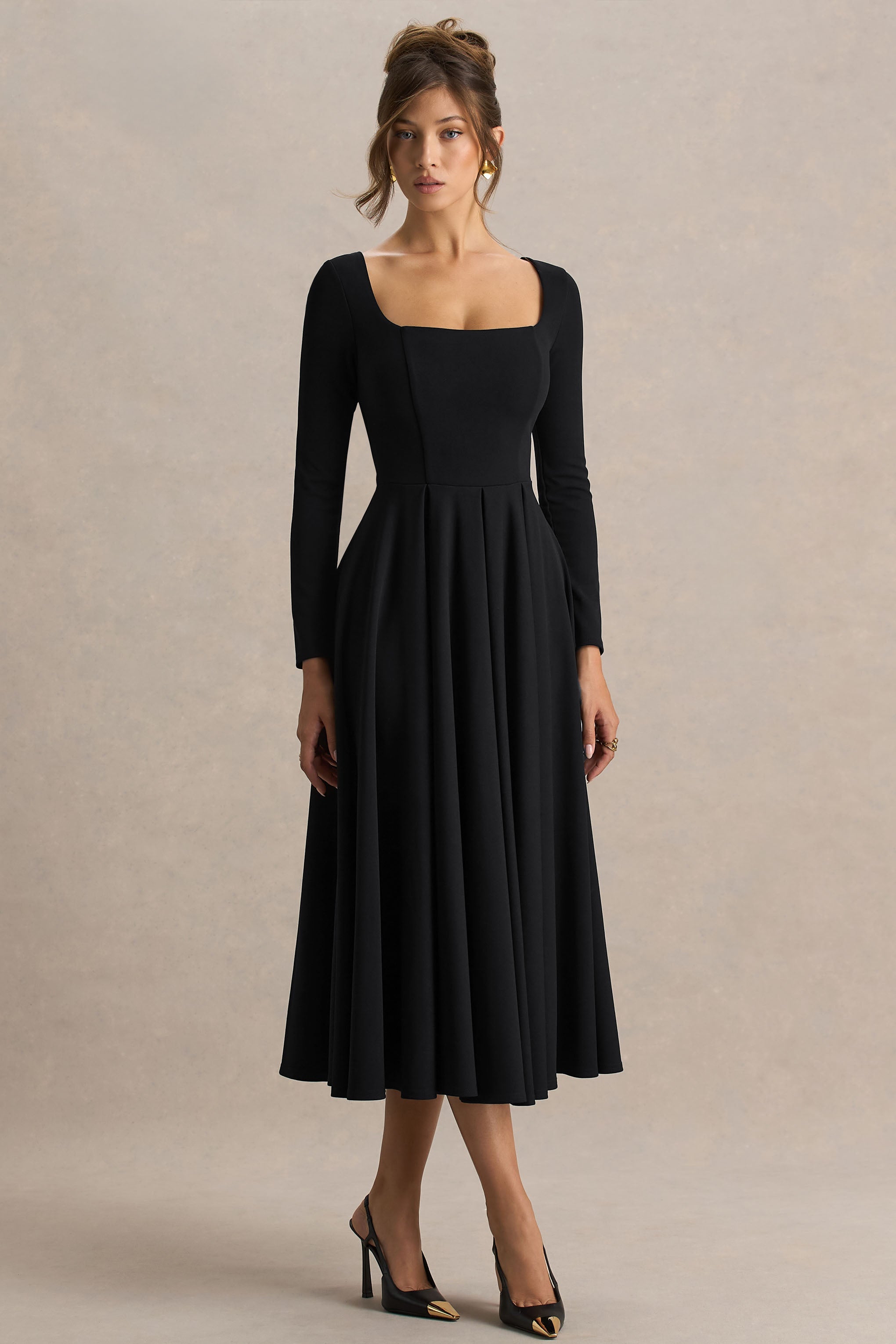 Alison | Siyah Kare Yaka A-Line Midi Elbise
