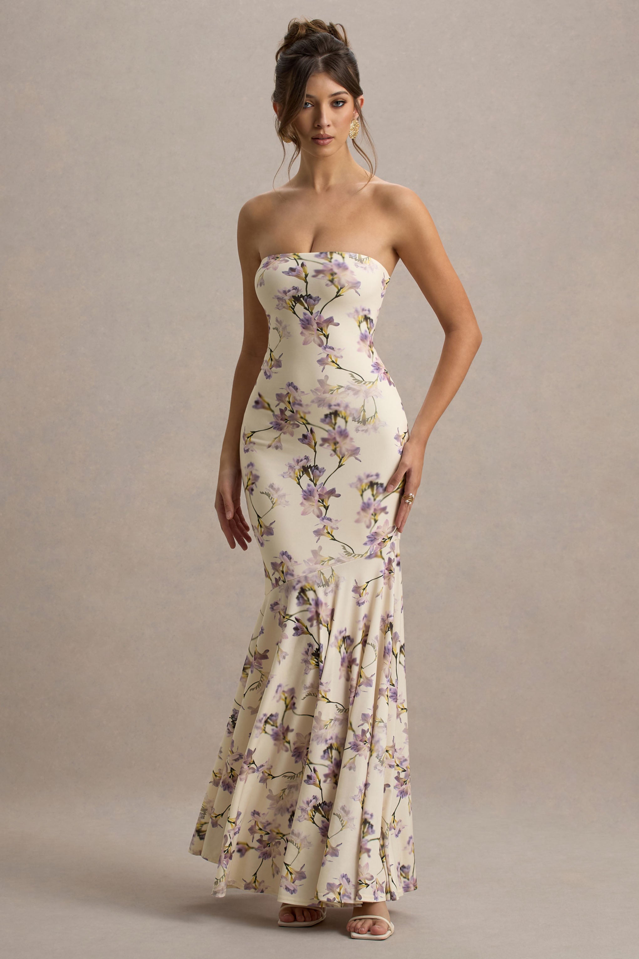 Callie | Limon Çiçekli Bandeau Kuyruklu Maxi Elbise