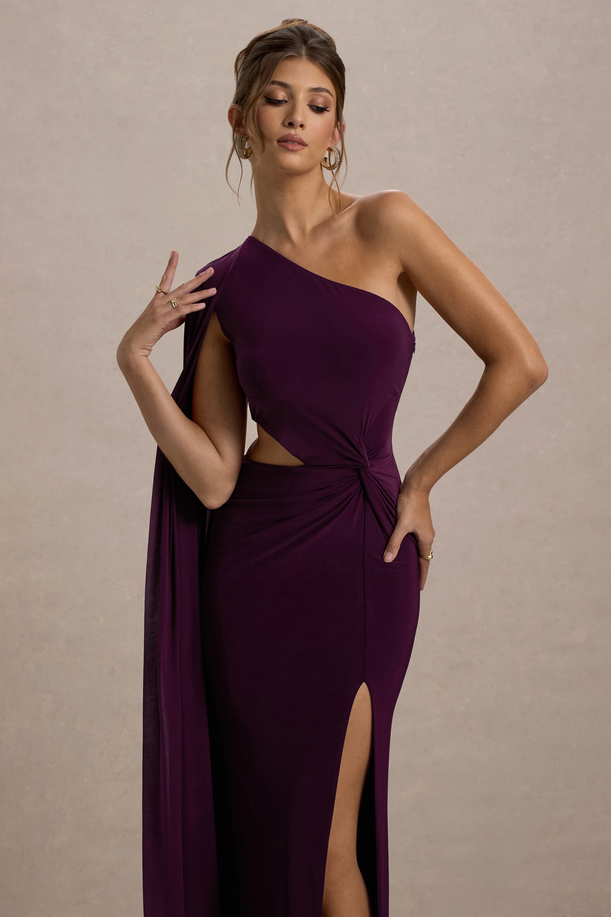 Brona | Erik Renkli Tek Omuzlu Kapağı-Sleeve Bölünmüş Maxi Elbise