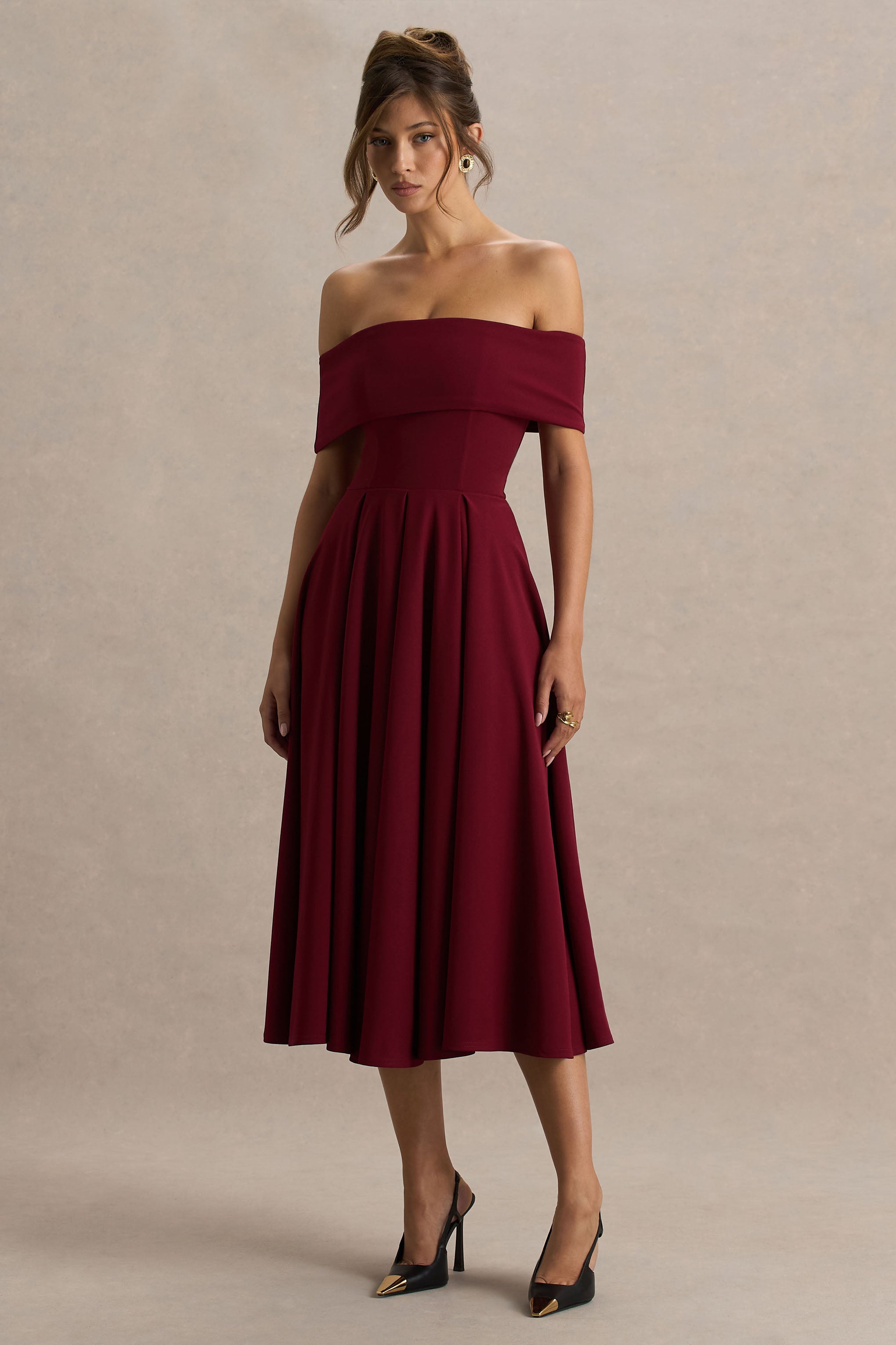 Isabella | Bordo Bardot Yaka Midi Elbise