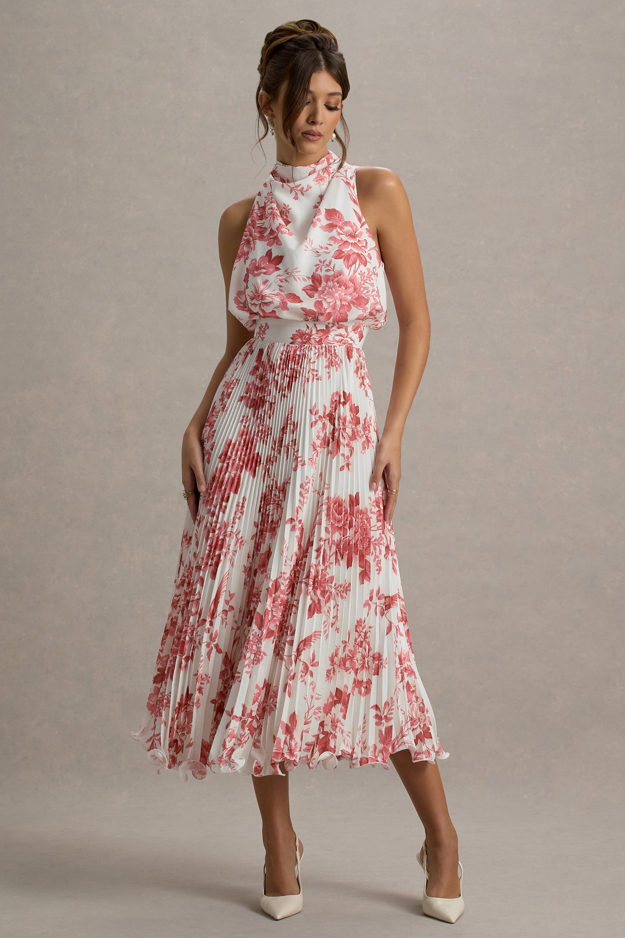 Nila | Pembe Porselen Desenli Plise Etekli Cowl-Neck Midi Elbise
