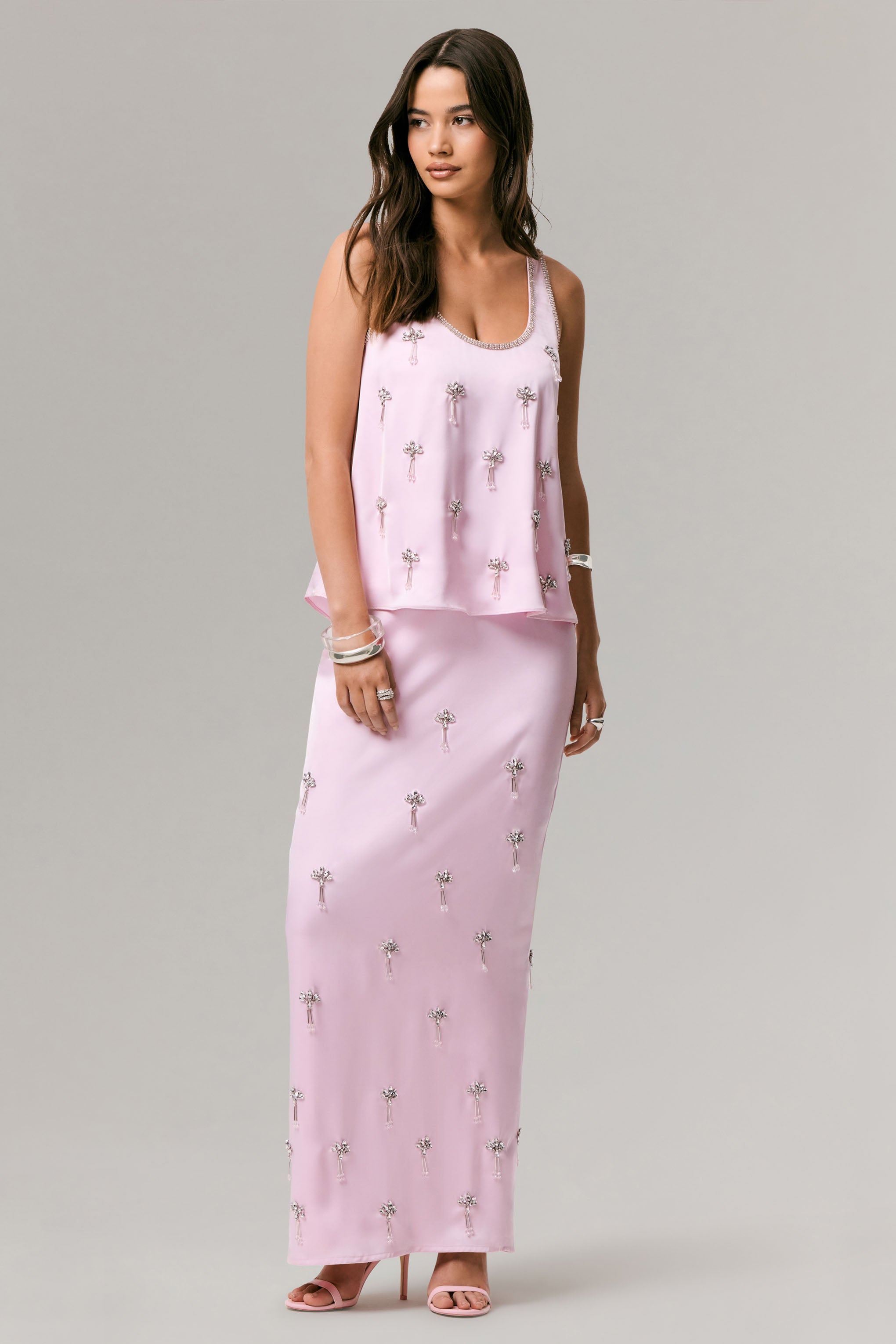 Lena | Pembe Saten Süslemeli Maxi Etek