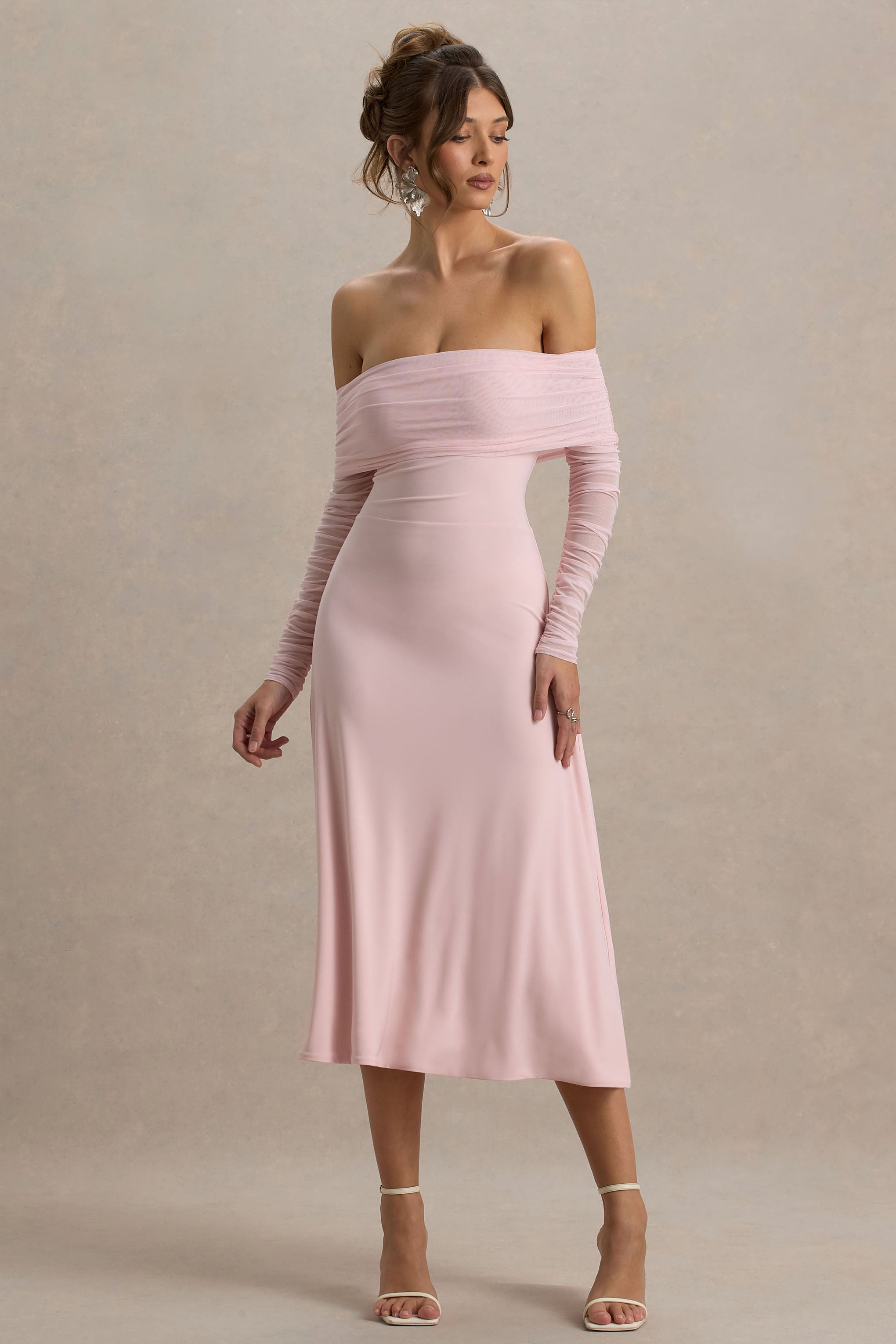 Flatter Me | Açık Pembe Bardot Midi Elbise Ağı Mesh Kollar