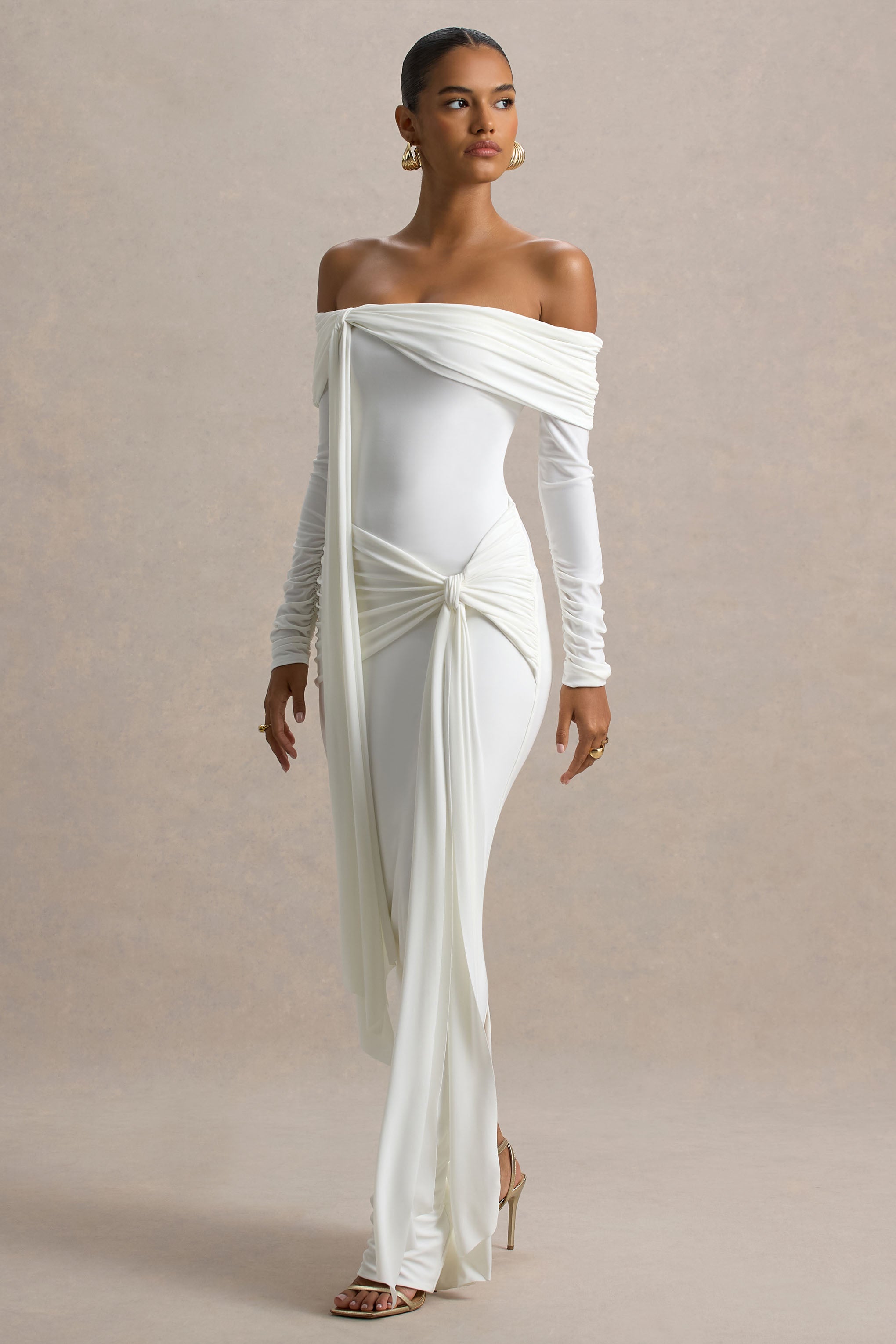 Jovie | Sash Detaylı Beyaz Bardot Maxi Elbise