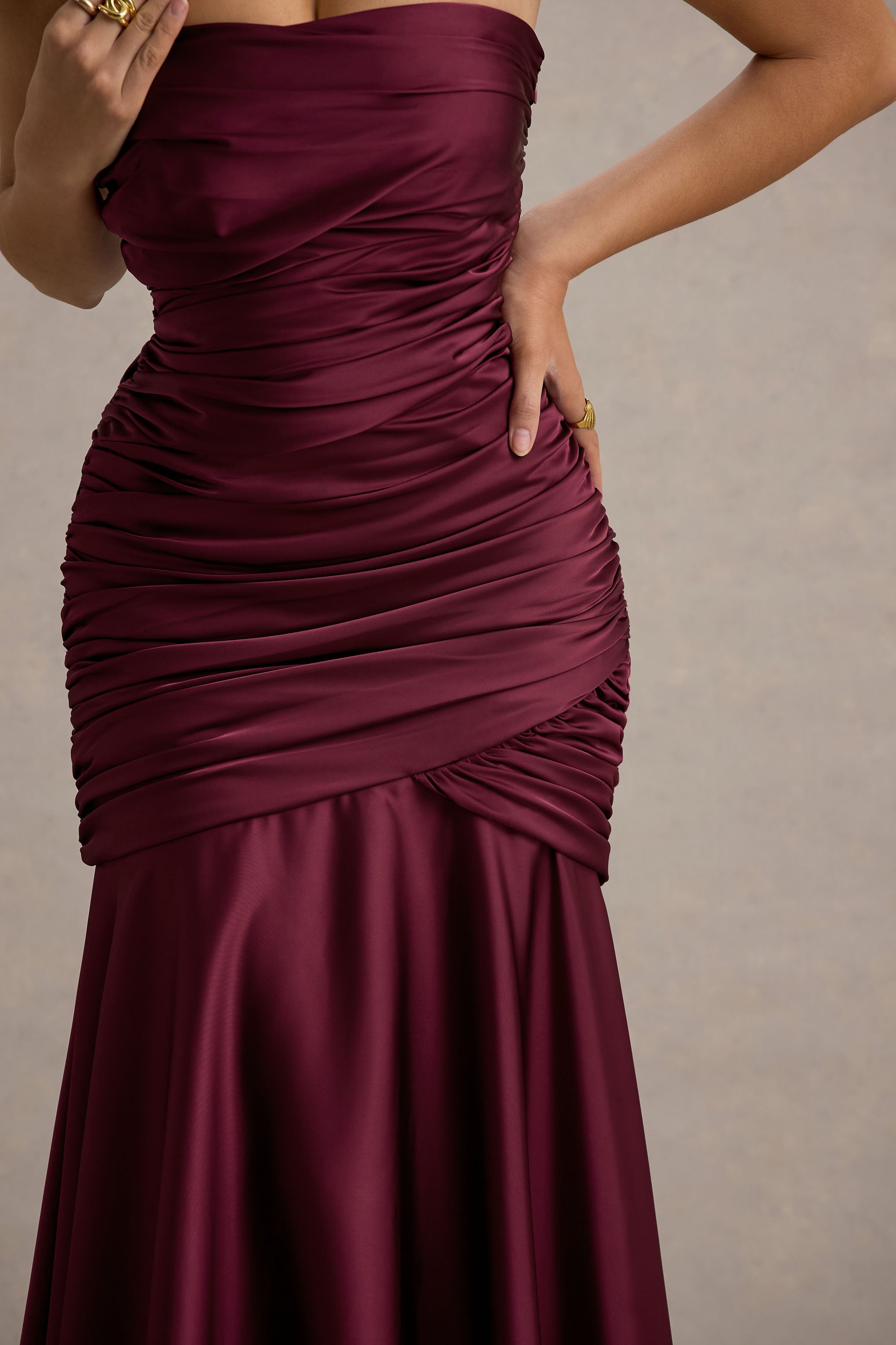 Cassidy | Bordo Saten Bandeau Toplu Maxi Elbise