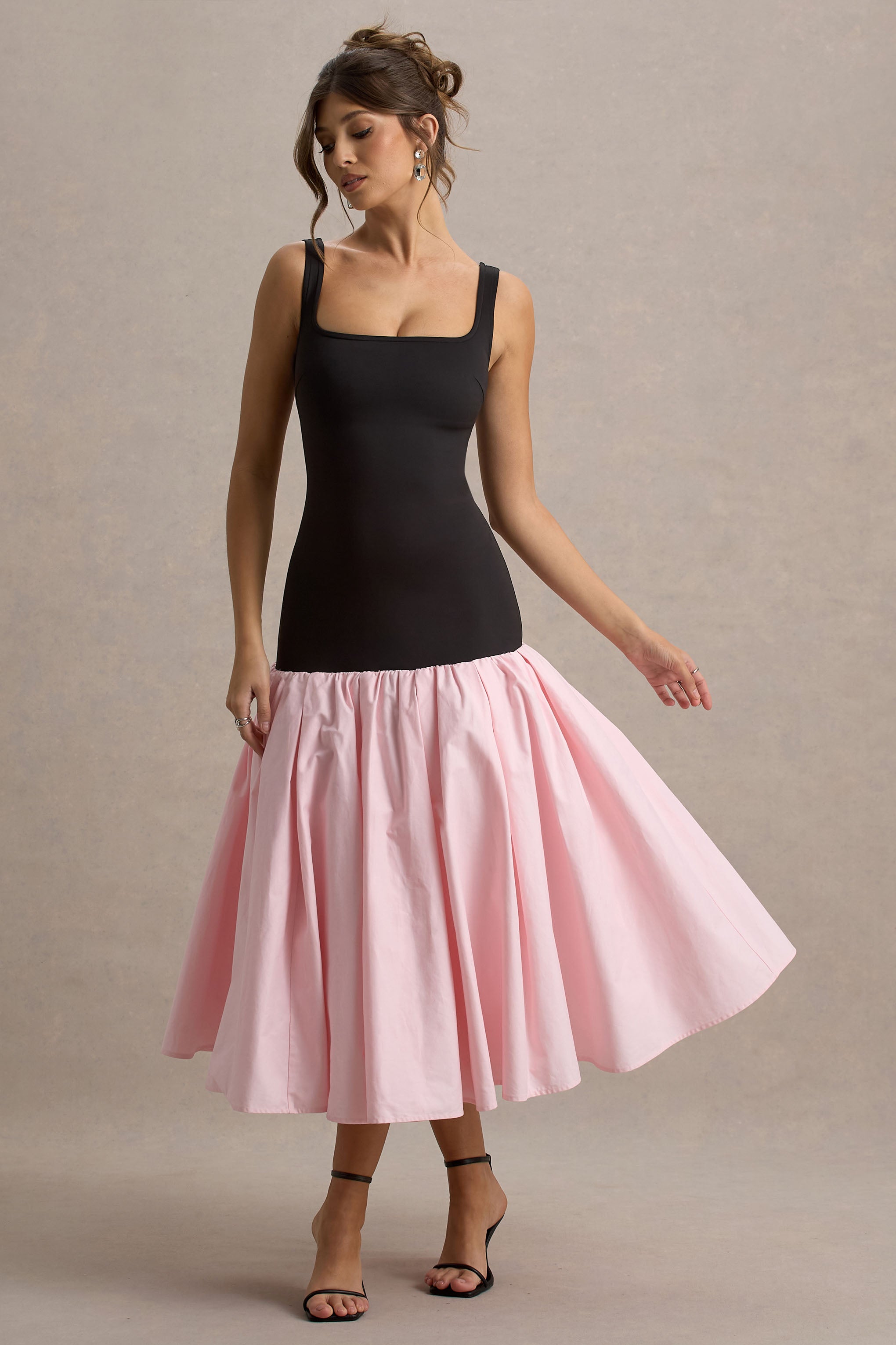Parida | Siyah & Pembe Poplin Düşük Bel Midi Elbise Peplum Etek Ucu ile
