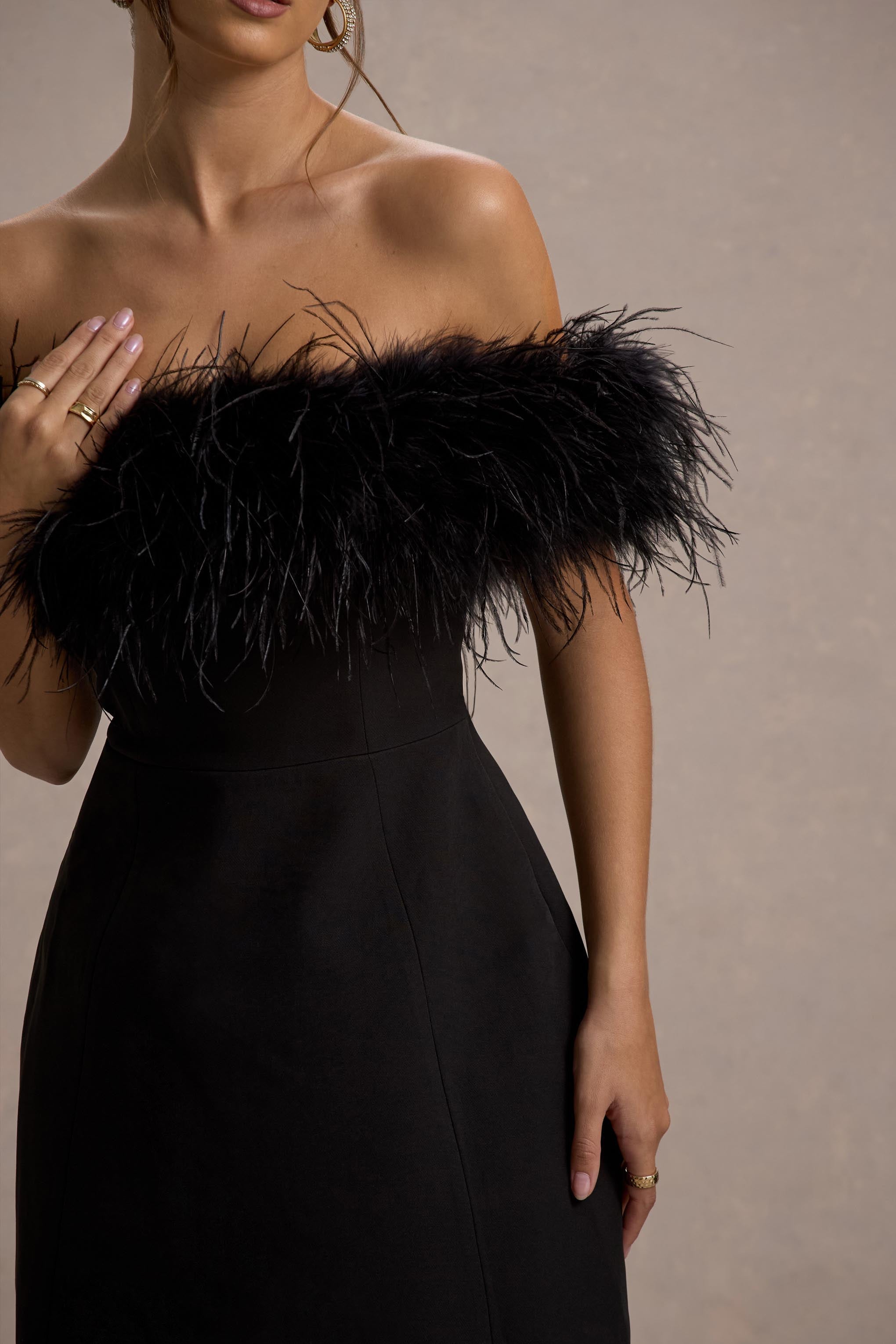 Palace | Siyah Bardot Mini Elbise Tüy Detaylı