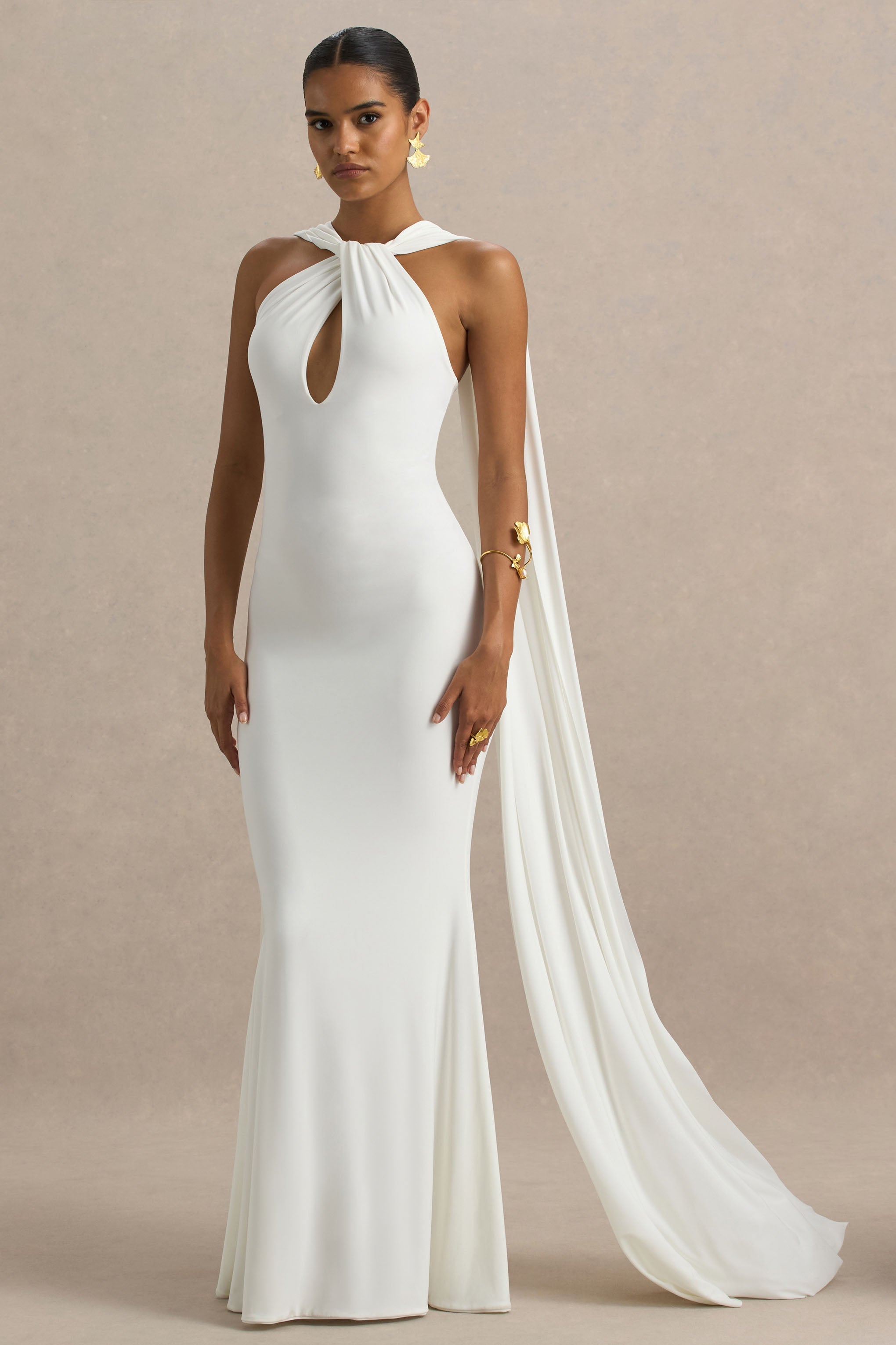 Rhoda | Beyaz Dönme Halter Yaka Maxi Elbise