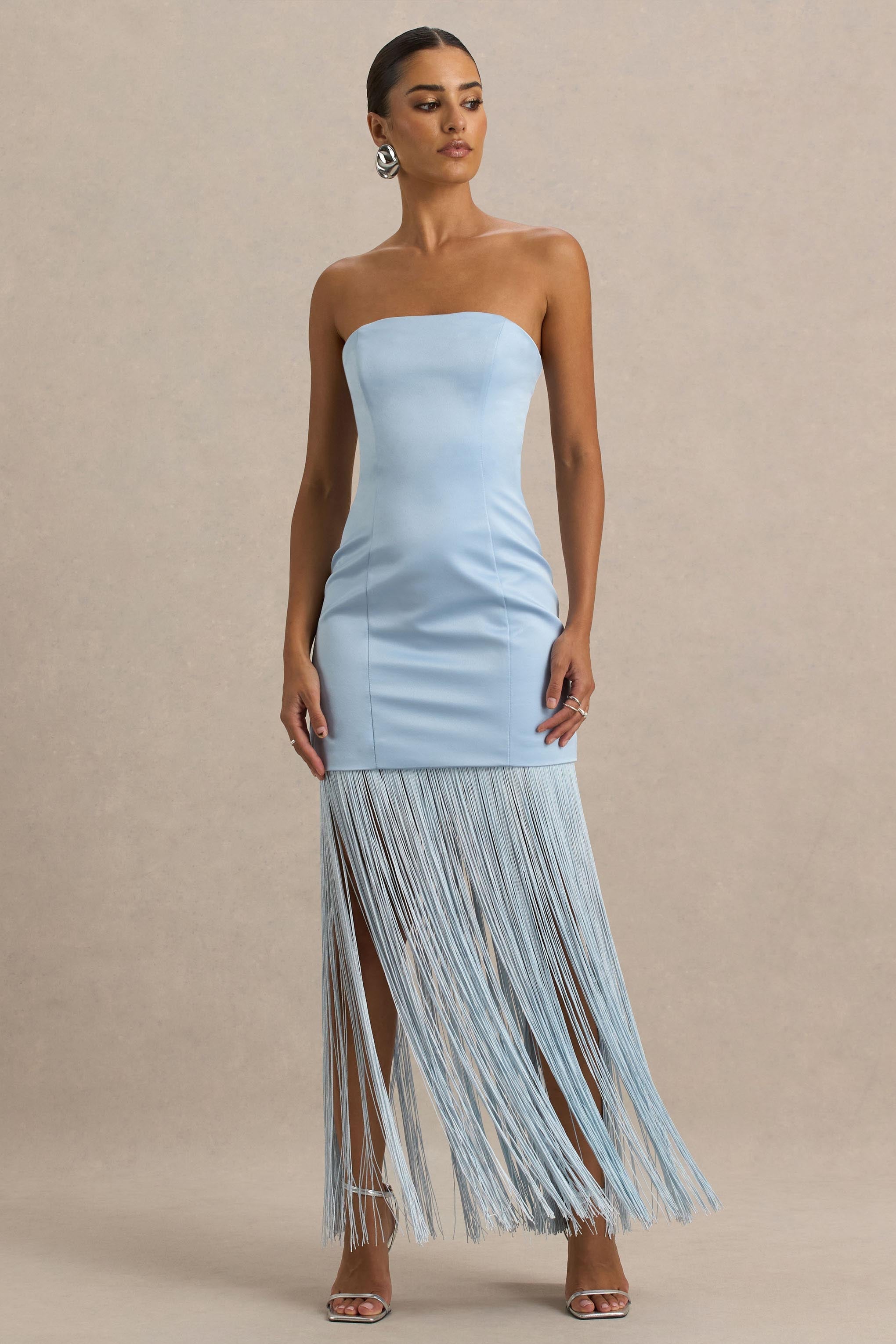 Trinity | Franjeli Pudra Mavi Saten Bandeau Maxi Elbise