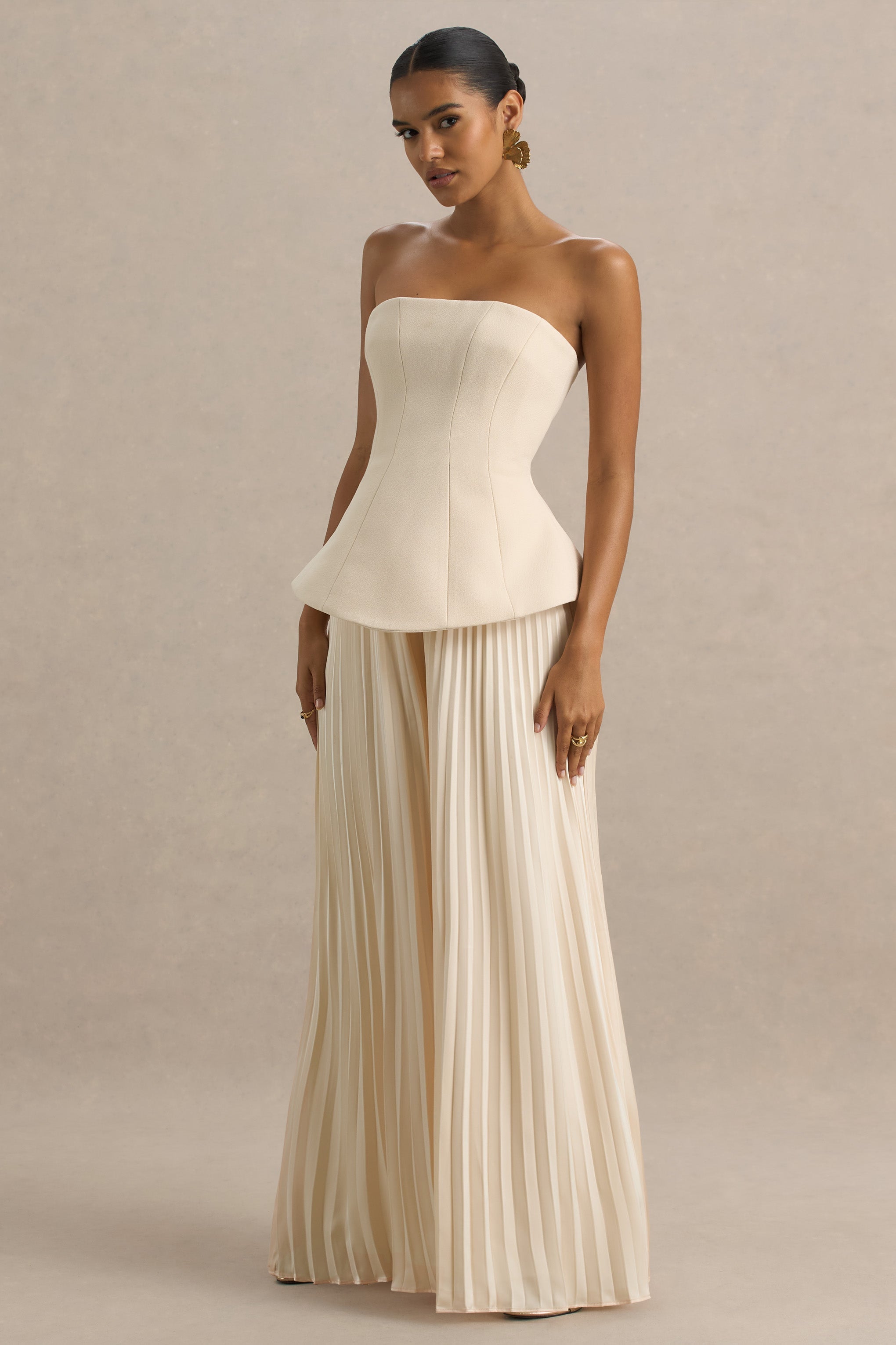 İyi Hisset | Plise Pantolonlu Nude Bandeau Tulum