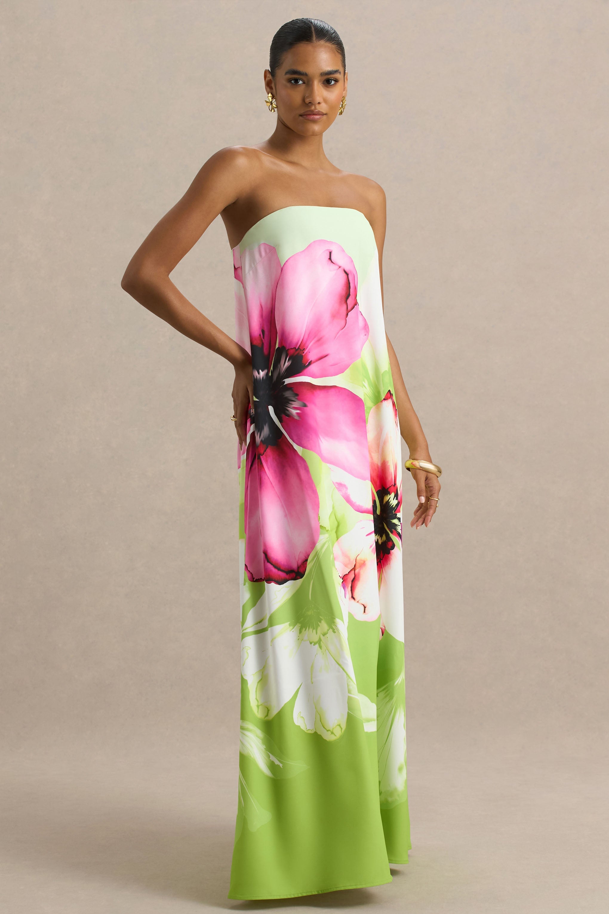 Ellery | Lime Çiçek Desenli Bandeau Maxi Elbise