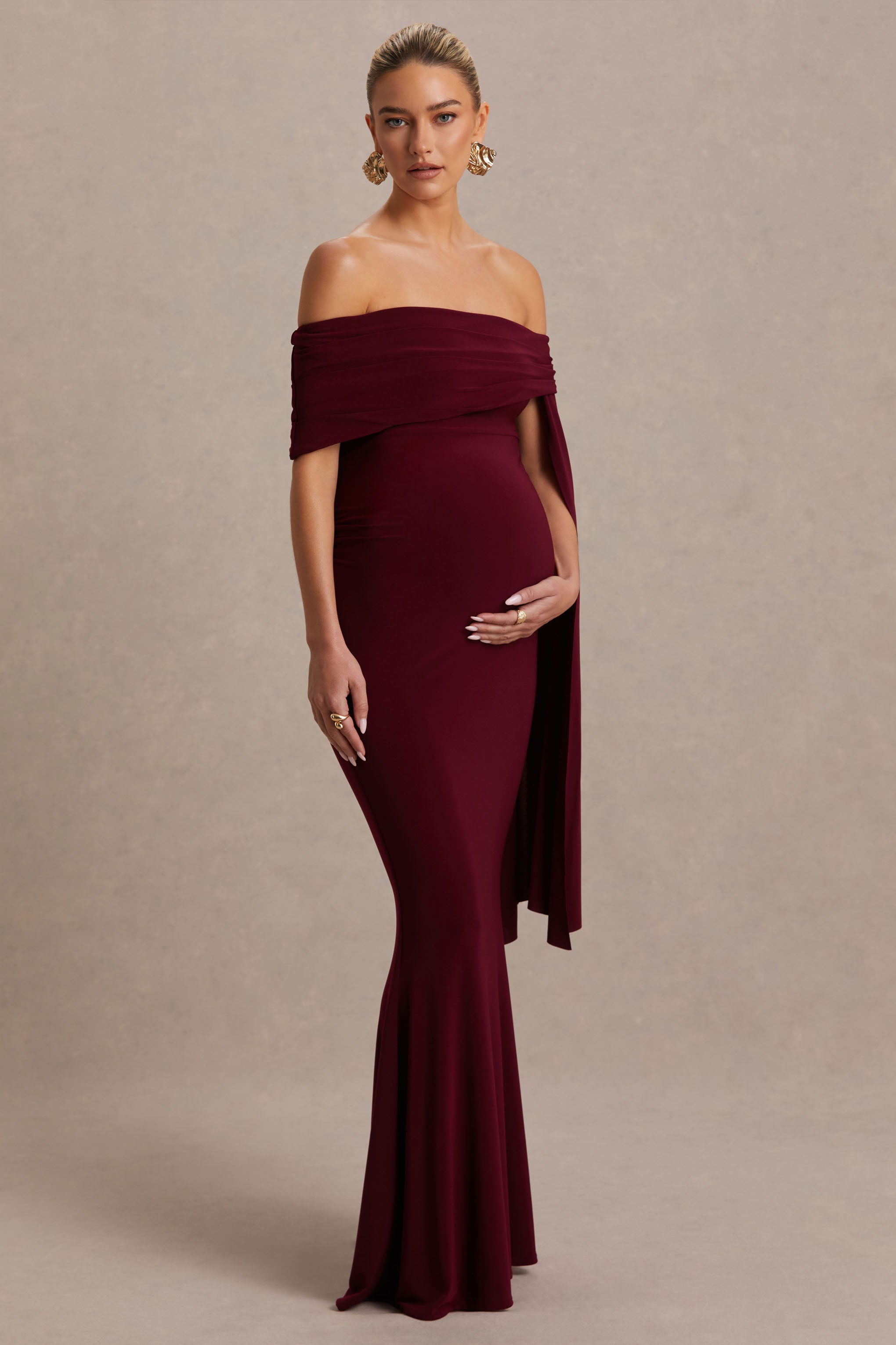 Aquila | Bordo Bardot Hamile Maxi Elbise Drape Kol ile