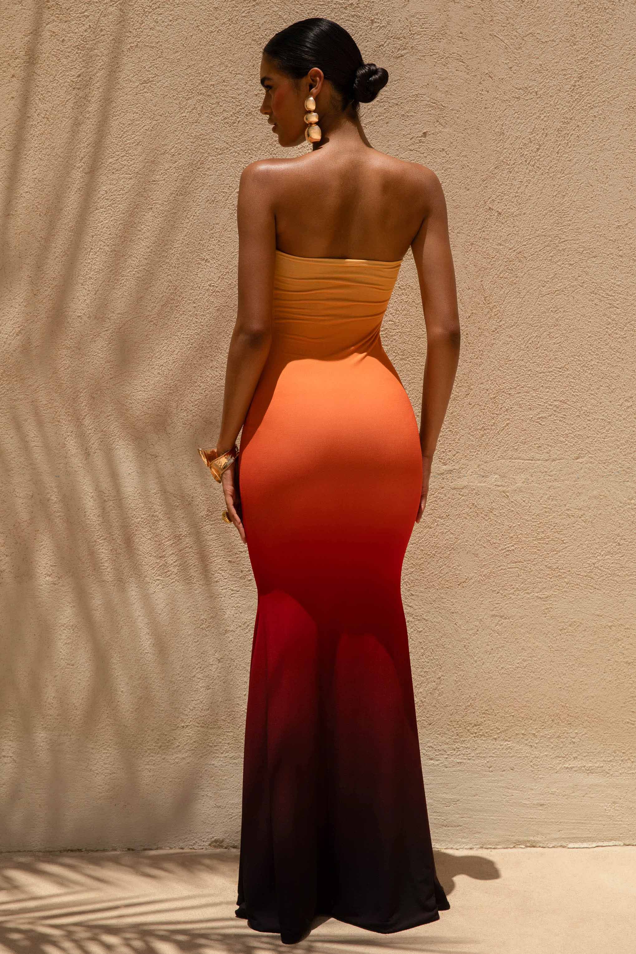 Tören | Turuncu Ombre Bandeau Kuyruklu Maxi Elbise