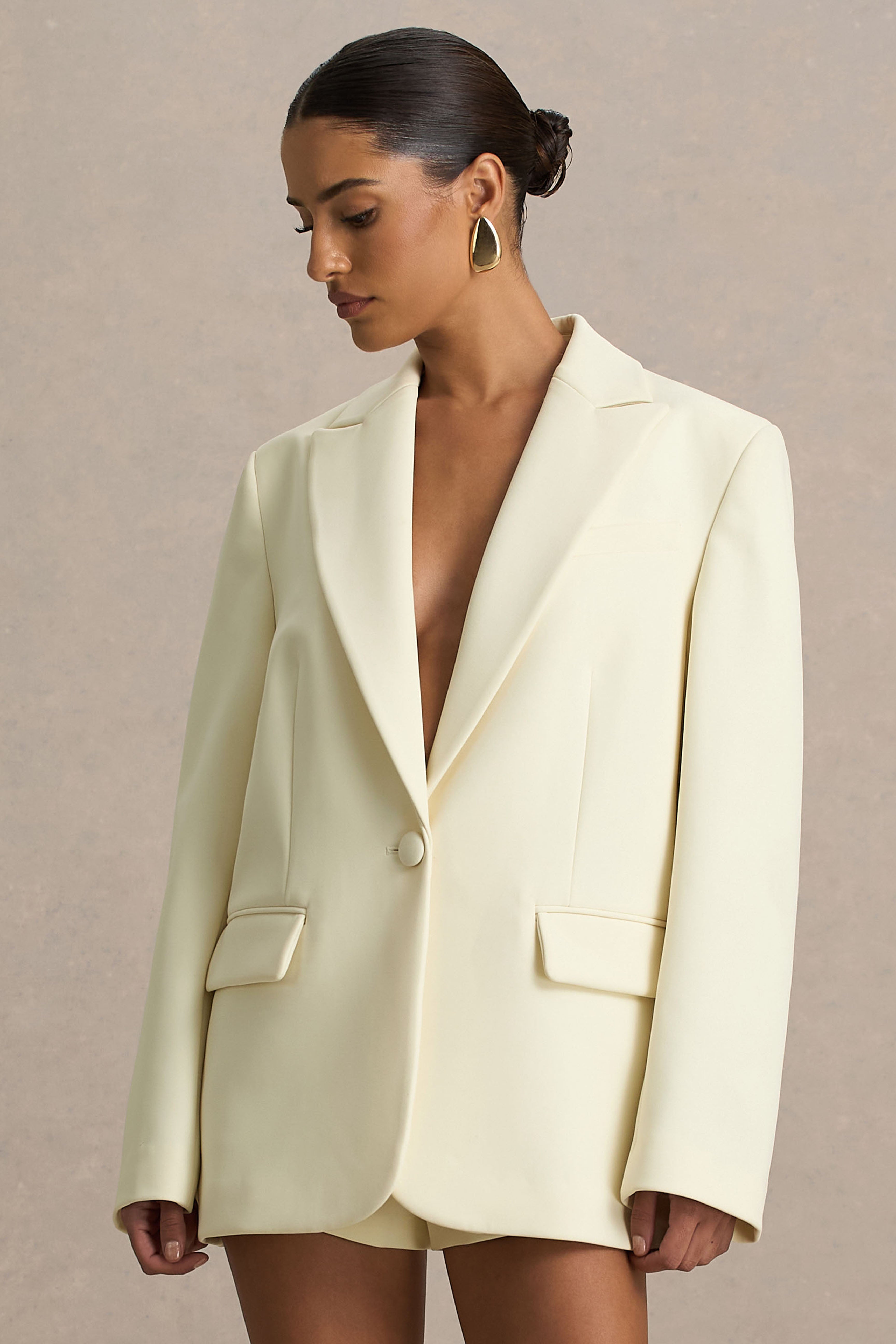 Katherine | Krema Düşük Yaka Klasik Blazer