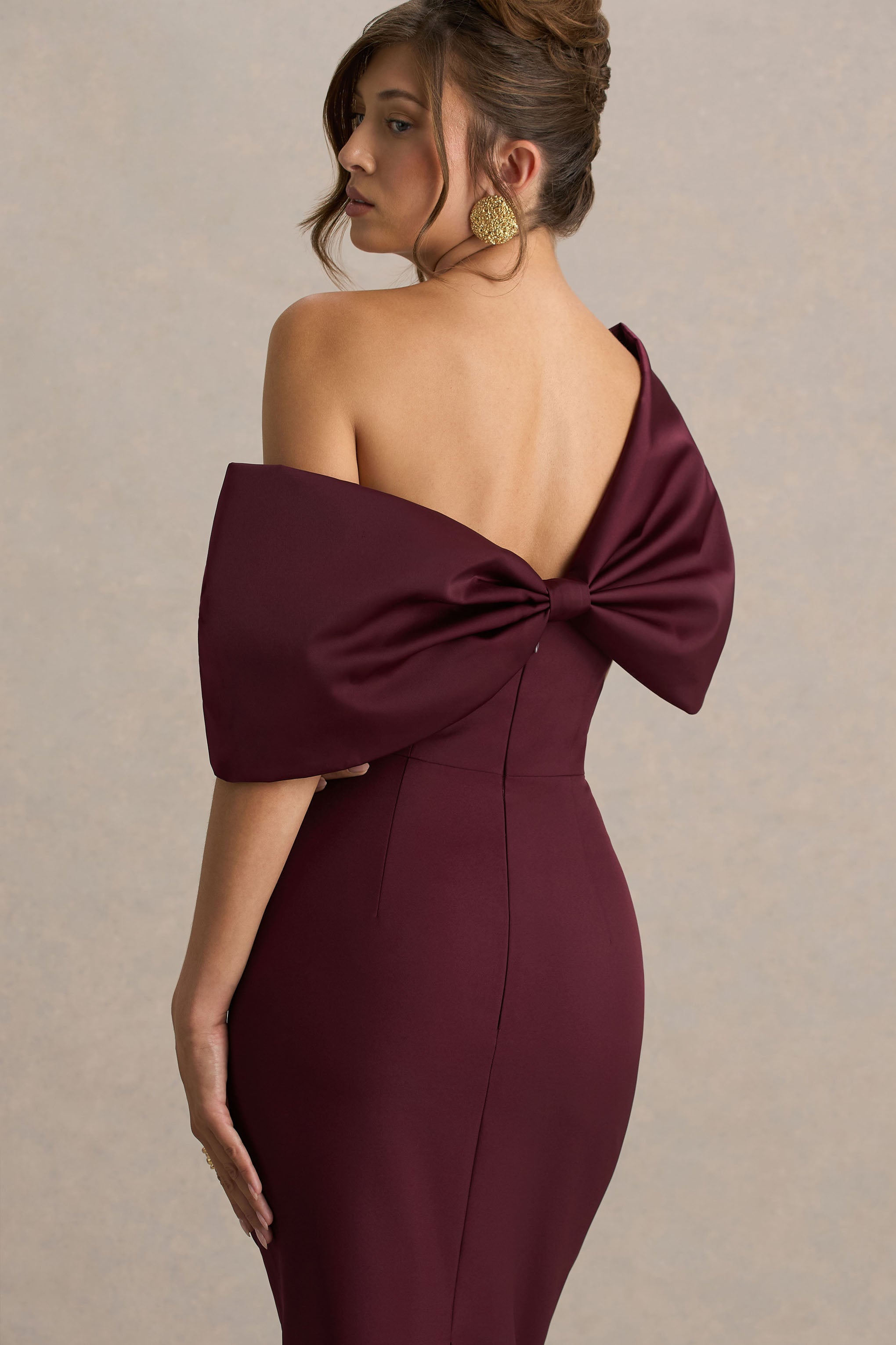Lucille | Bordo Asimetrik Bardot Midi Elbise