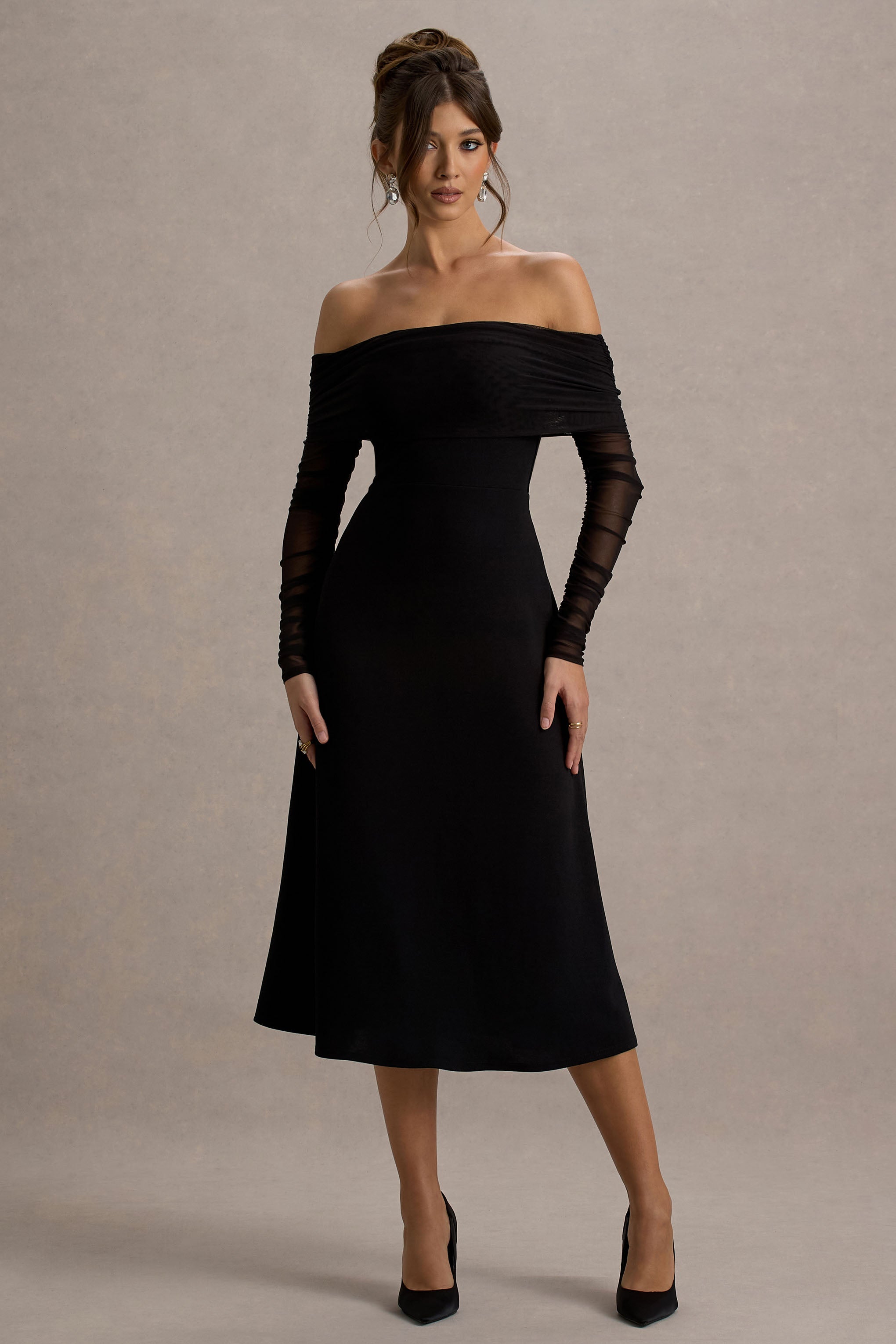 Missy | Siyah Bardot Uzun Kollu Midi Elbise