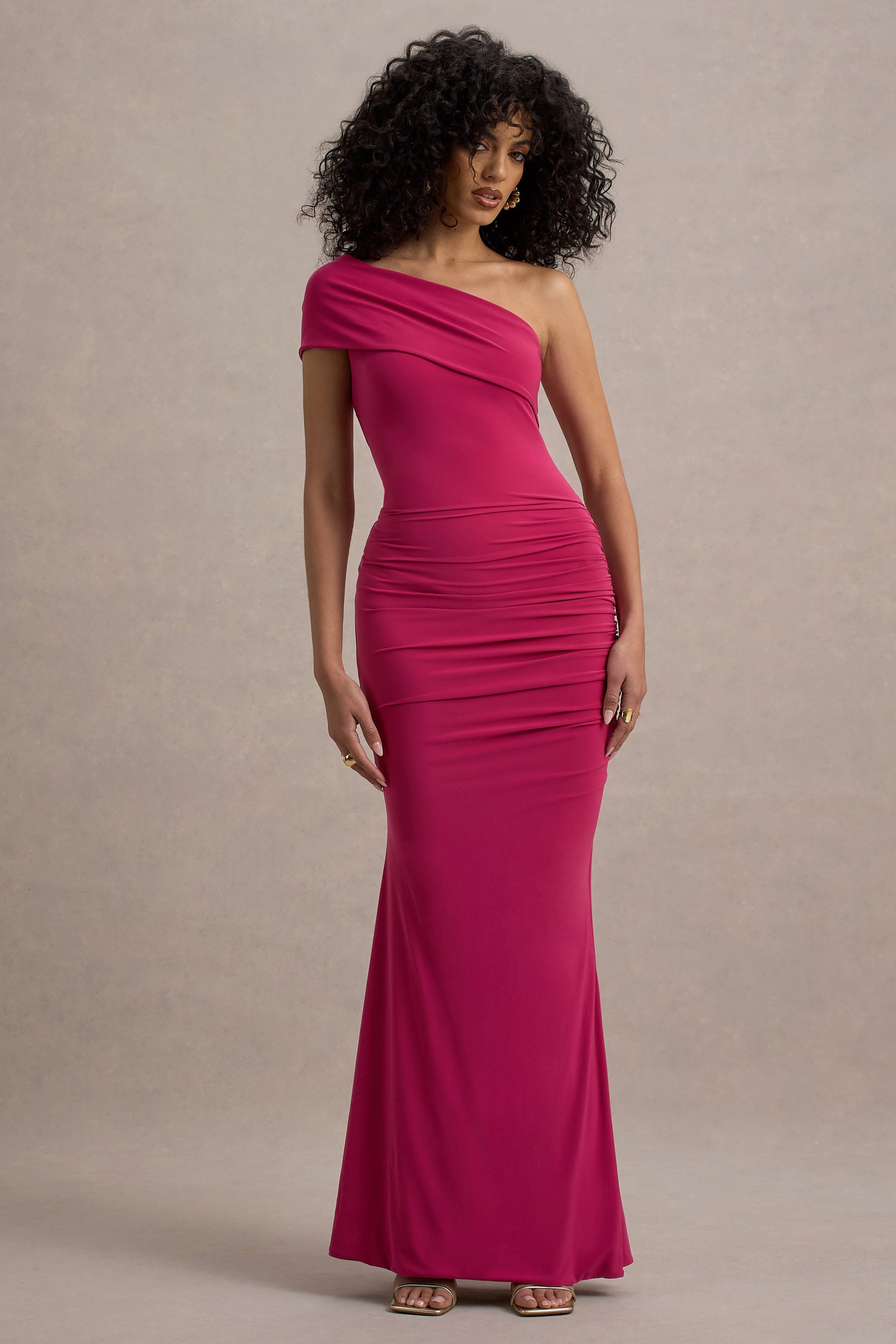 Alethea | Sıcak Pembe Asimetrik Bardot Maxi Elbise