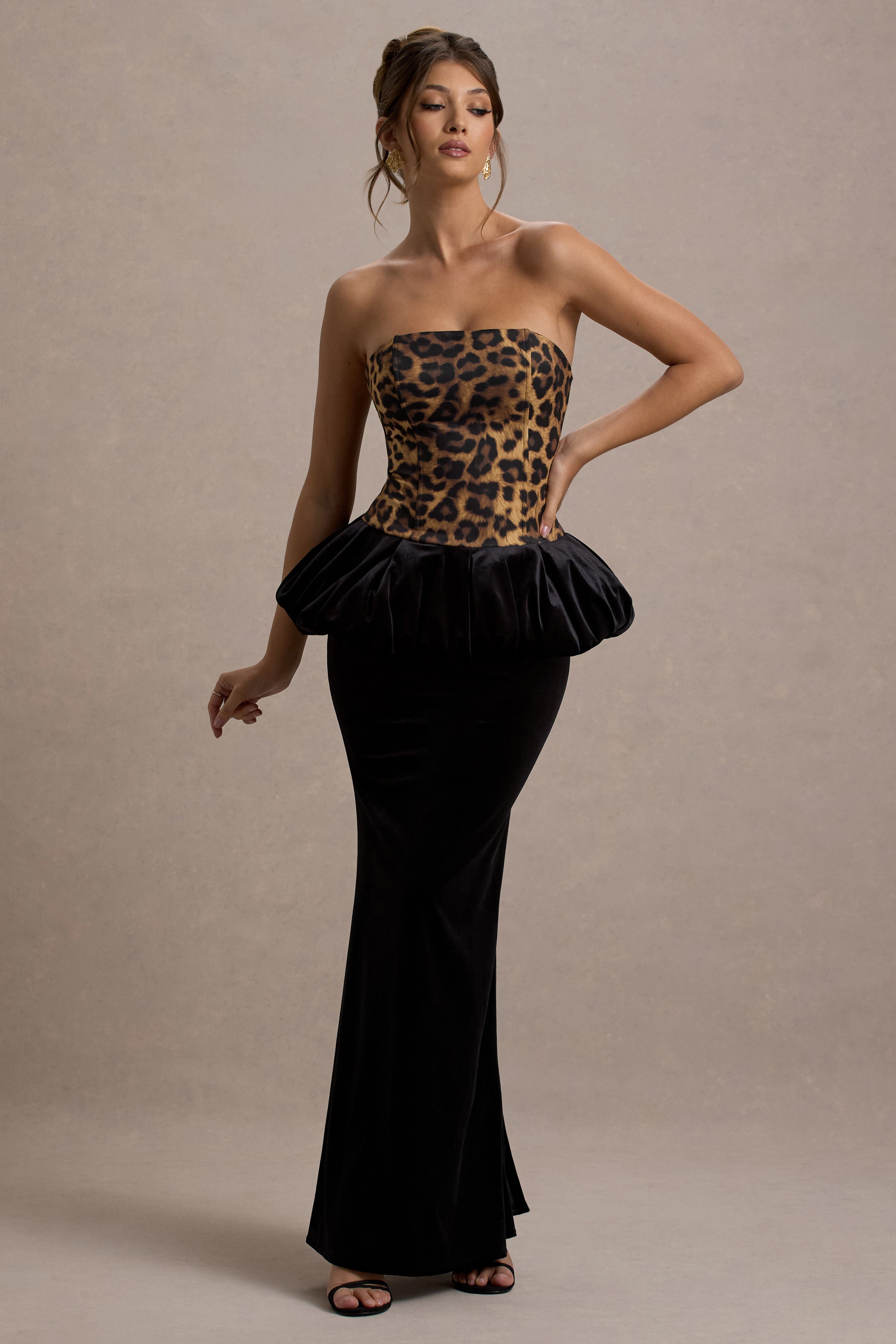 Harriette | Siyah Kadife Peplum Etekli Leopar Desenli Bandeau Maxi Elbise