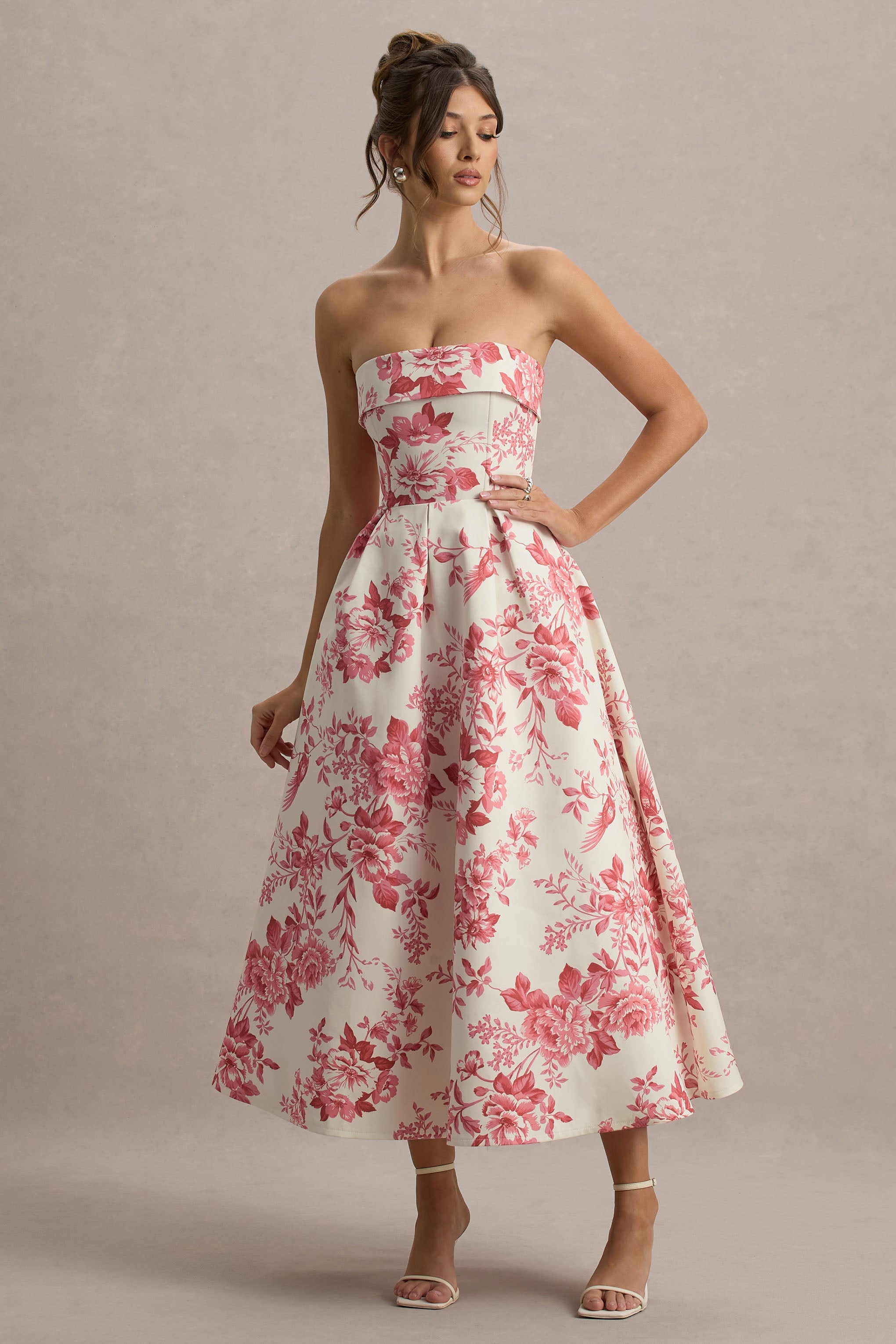 Annalise | Pembe Porselen Desenli Bandeau Skater Midi Elbise