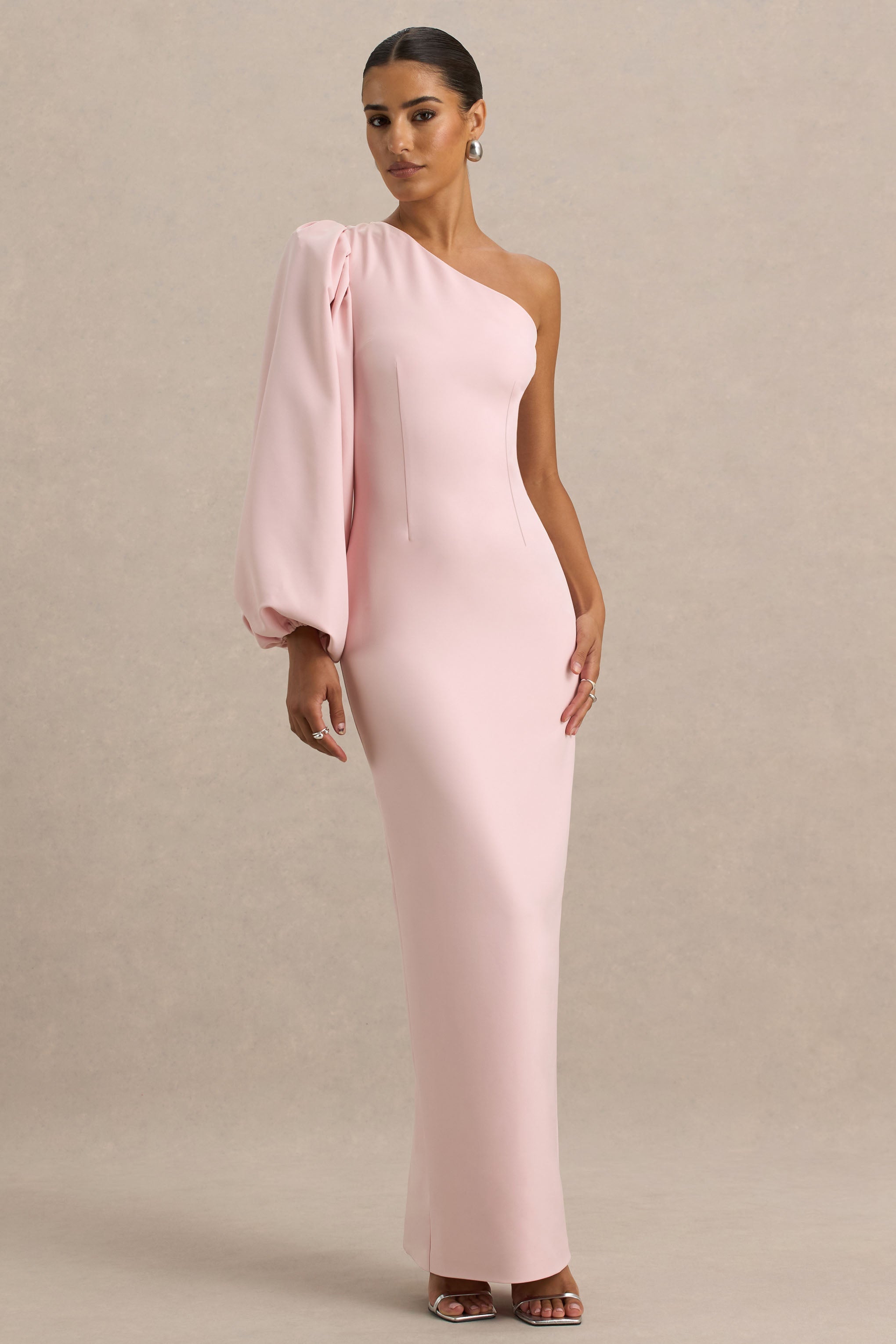Kellis | Pembe Asimetrik Maxi Elbise, Balon Kol