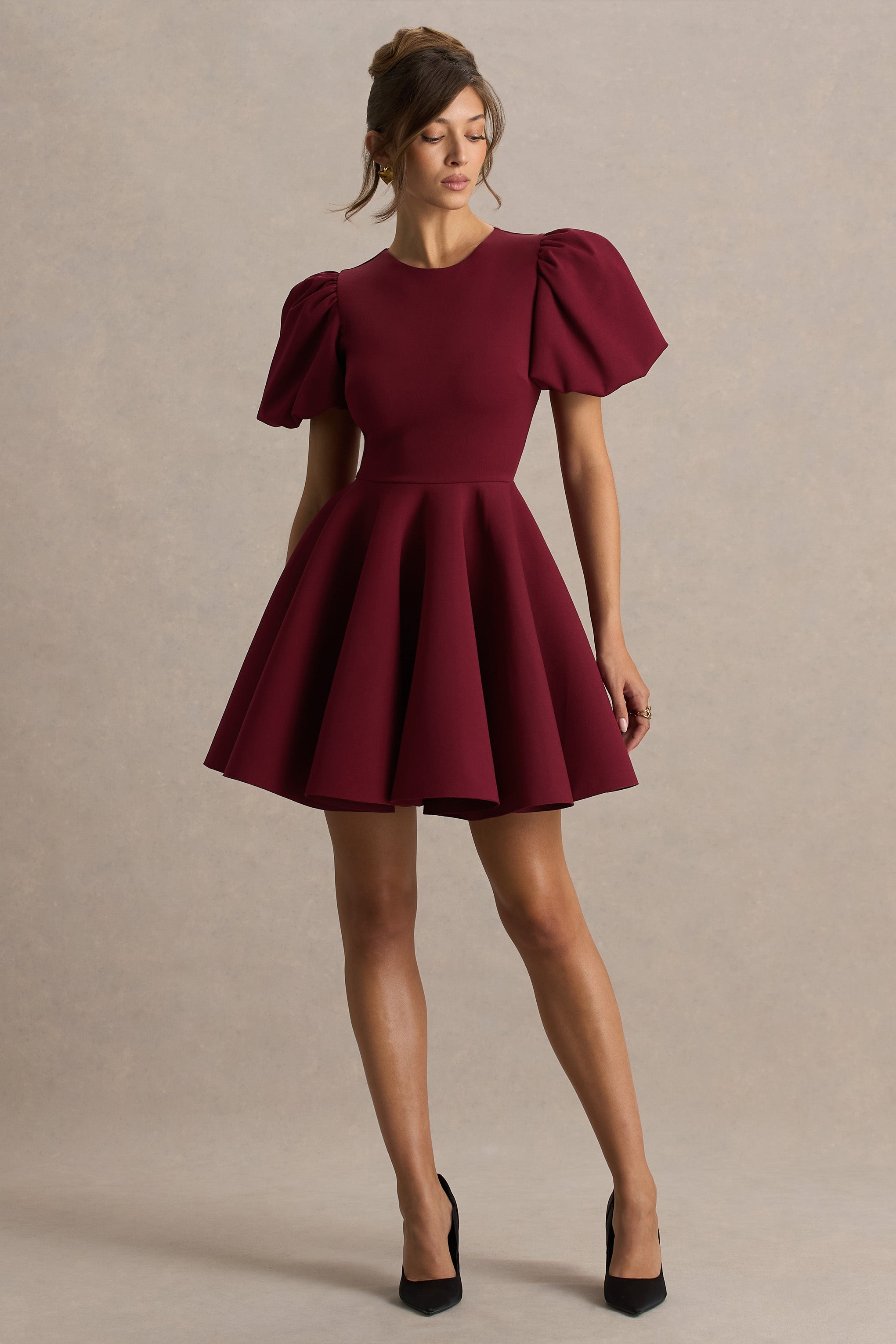 Emelia | Bordo Puff-Sleeve Skater Mini Elbise