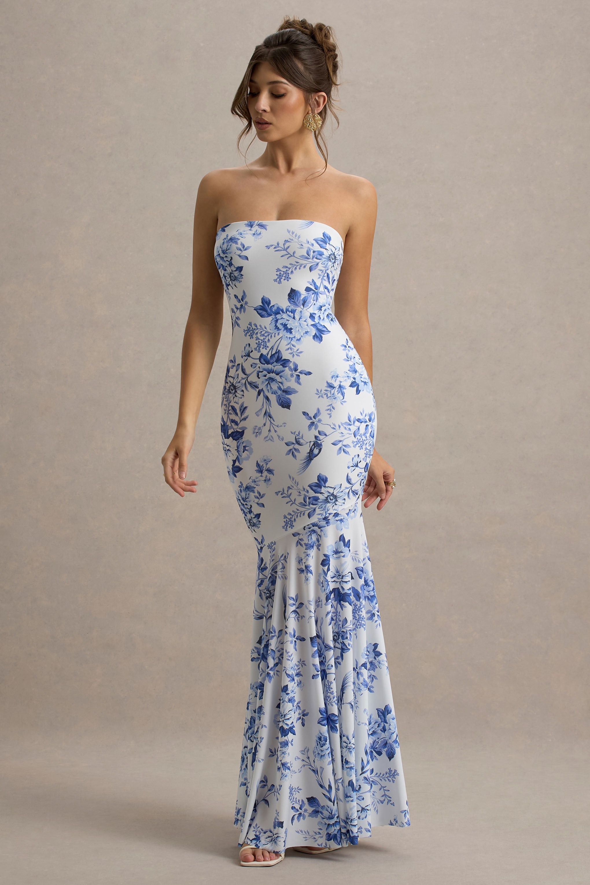 Callie | Mavi Porselen Desenli Bandeau Kuyruklu Maxi Elbise