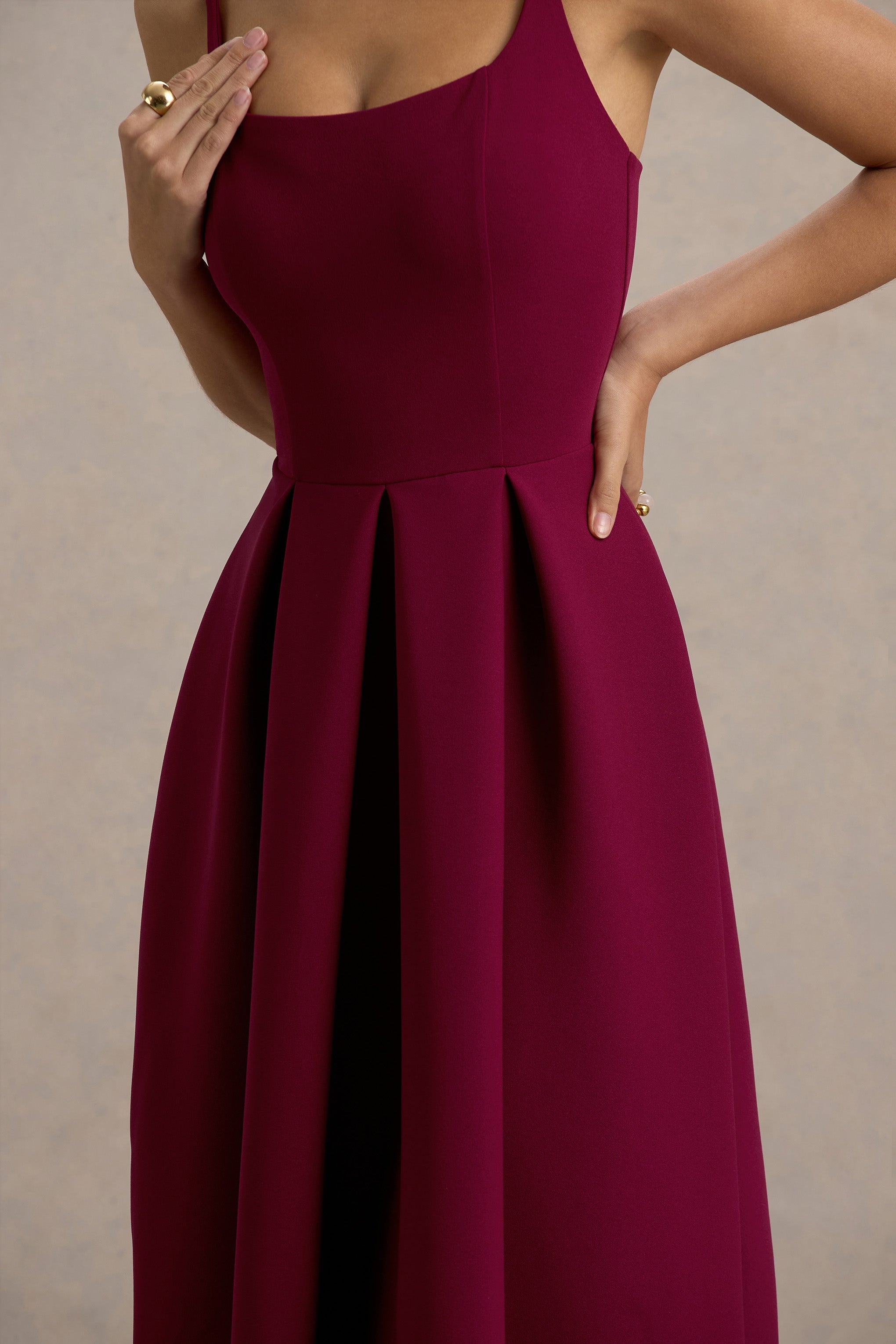Bambina | Bordo Scoop-Yaka Plise Maxi Elbise