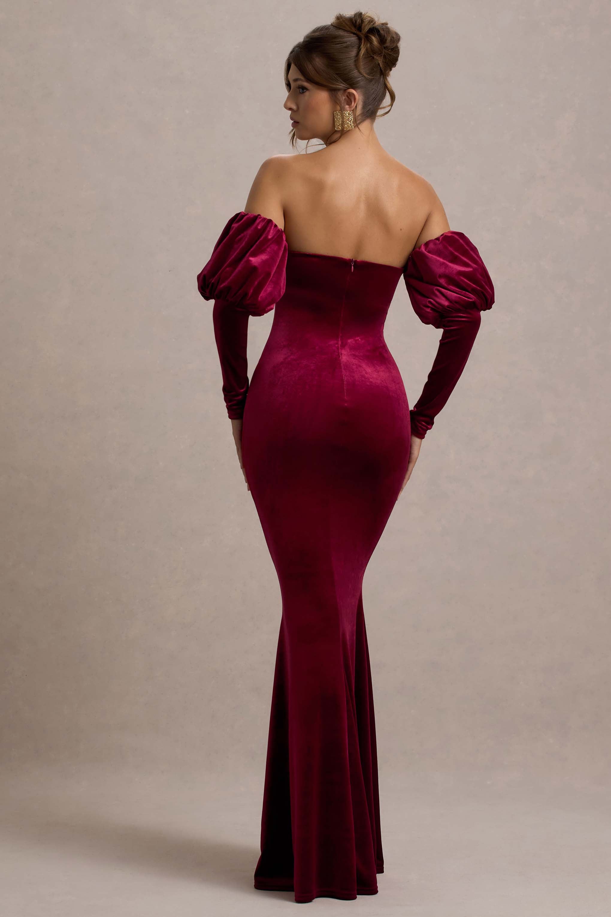Neoma | Berry Kadife Bardot Puff-Sleeve Maxi Elbise
