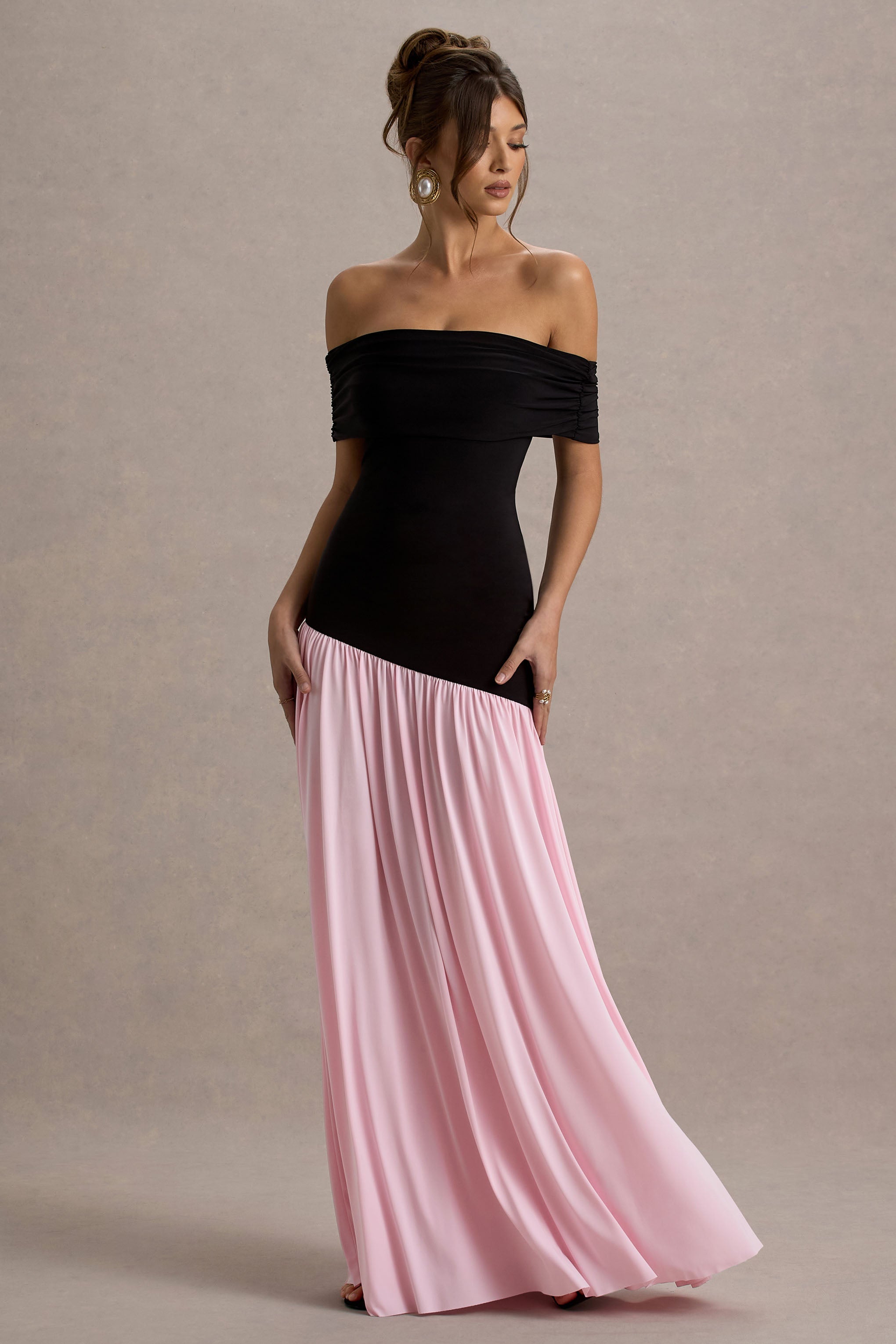 Venezia | Siyah & Pembe Bardot Puff-Etek Maxi Elbise