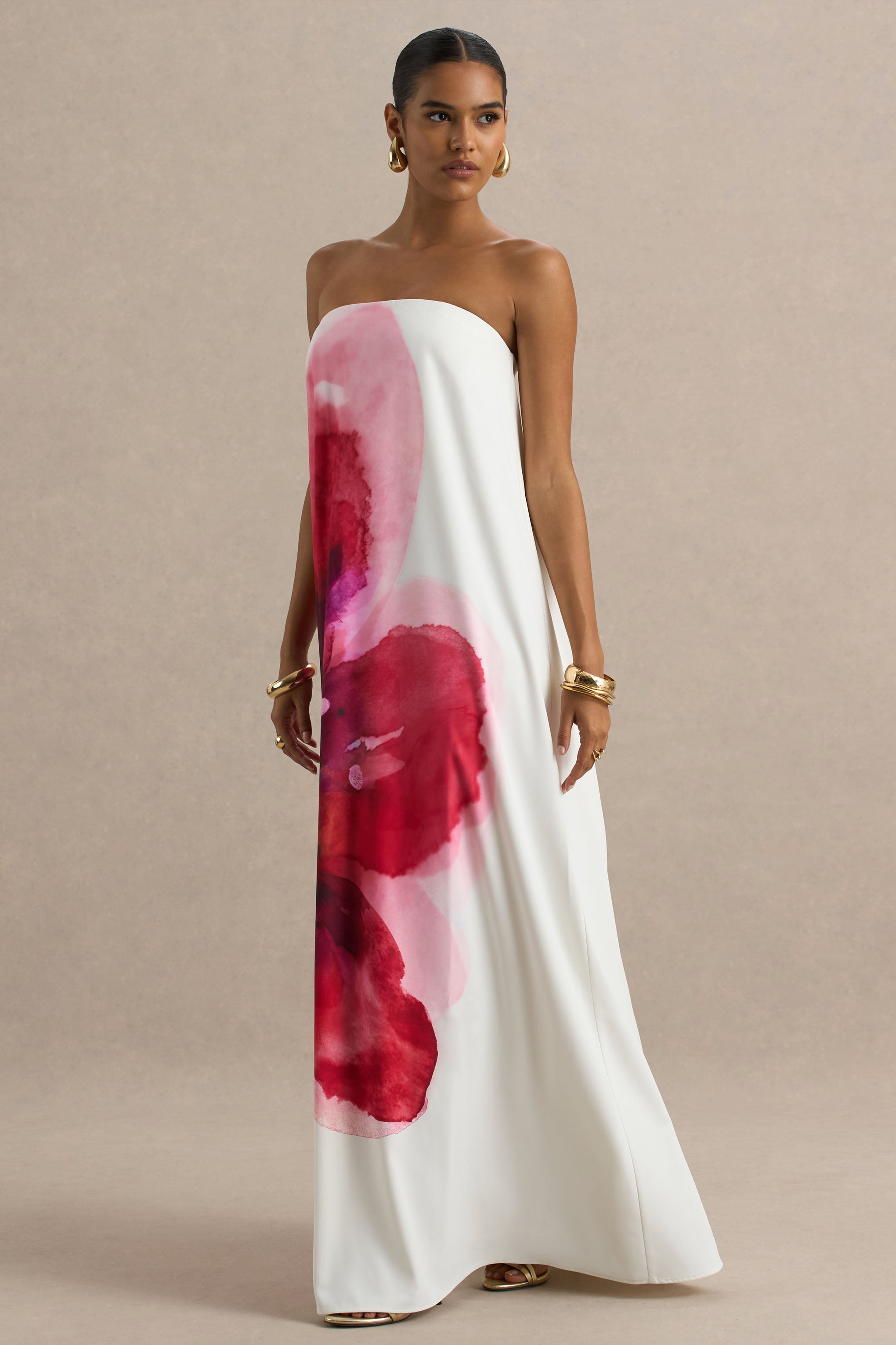 Breonna | Parlak Pembe Çiçek Desenli Bandeau Maxi Elbise