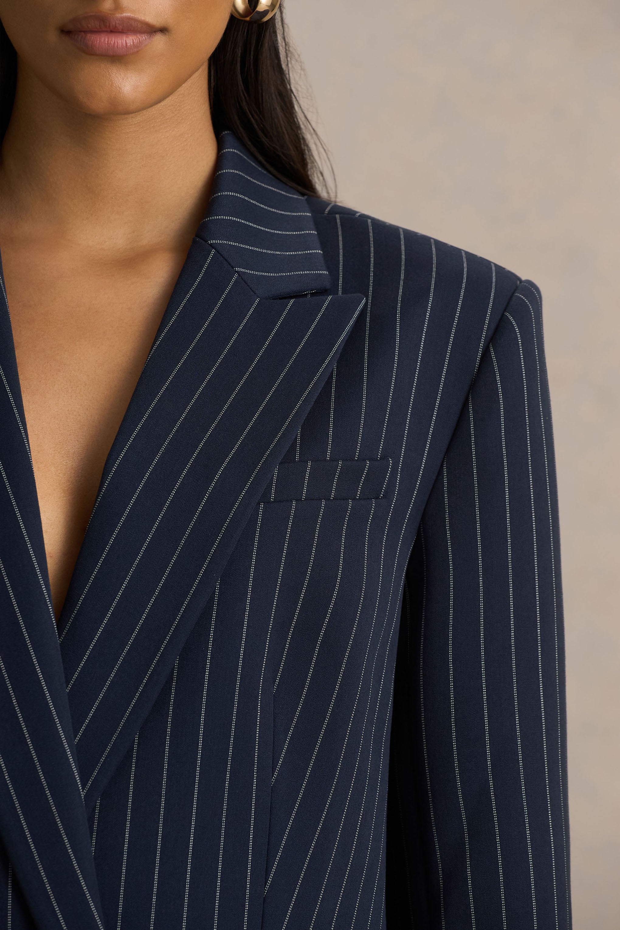 Alana | Lacivert Çizgili Derin Yaka Kesim Blazer