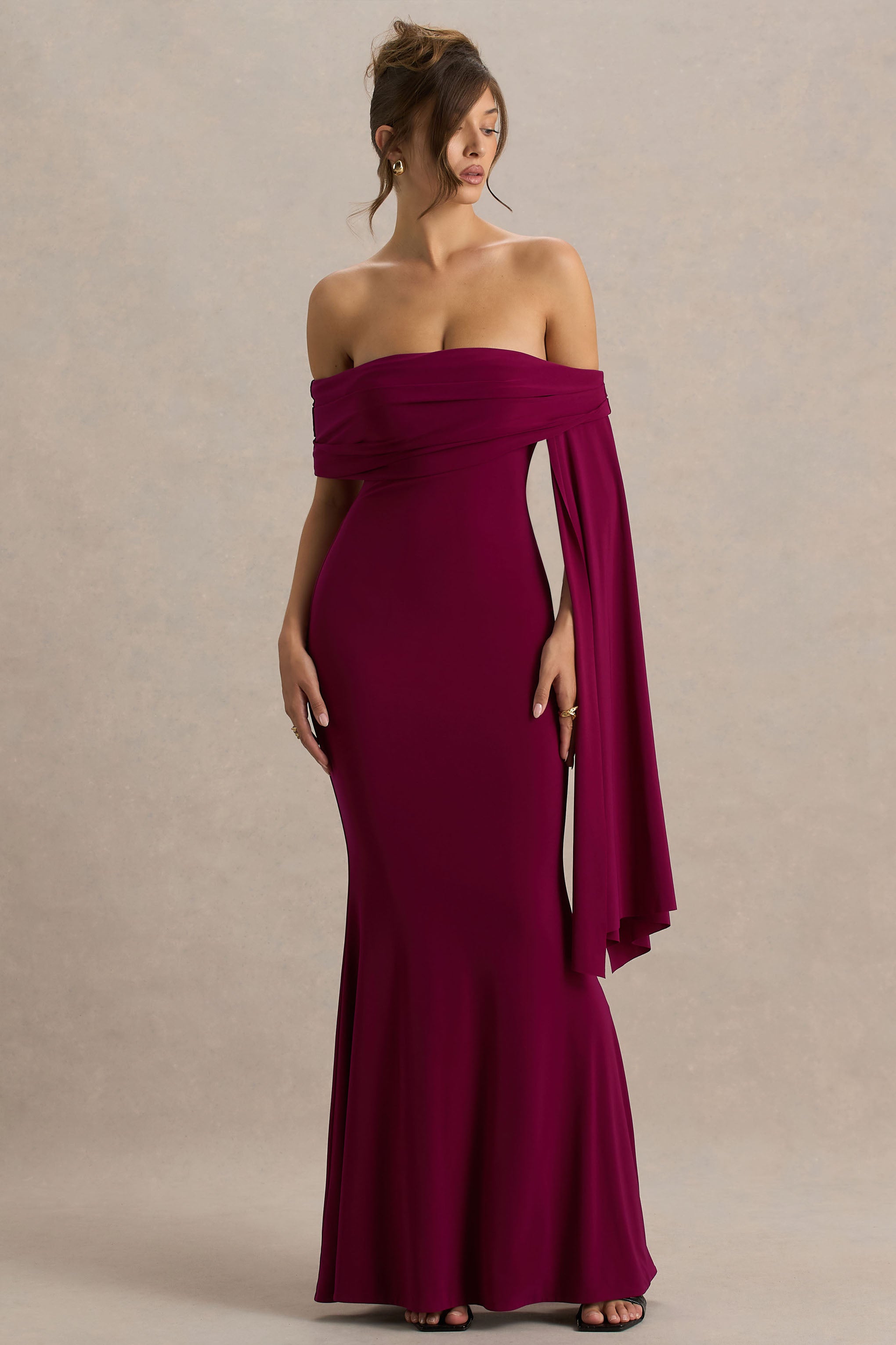 Saffina | Sash Detaylı Bordo Bardot Yaka Maxi Elbise