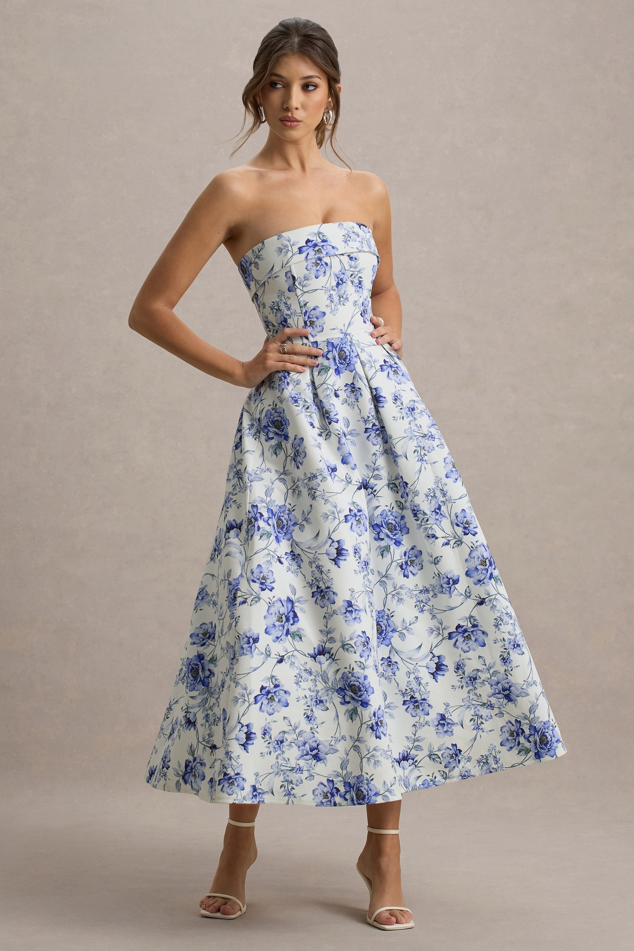 Annalise | Mavi Porselen Desenli Bandeau Midi Elbise