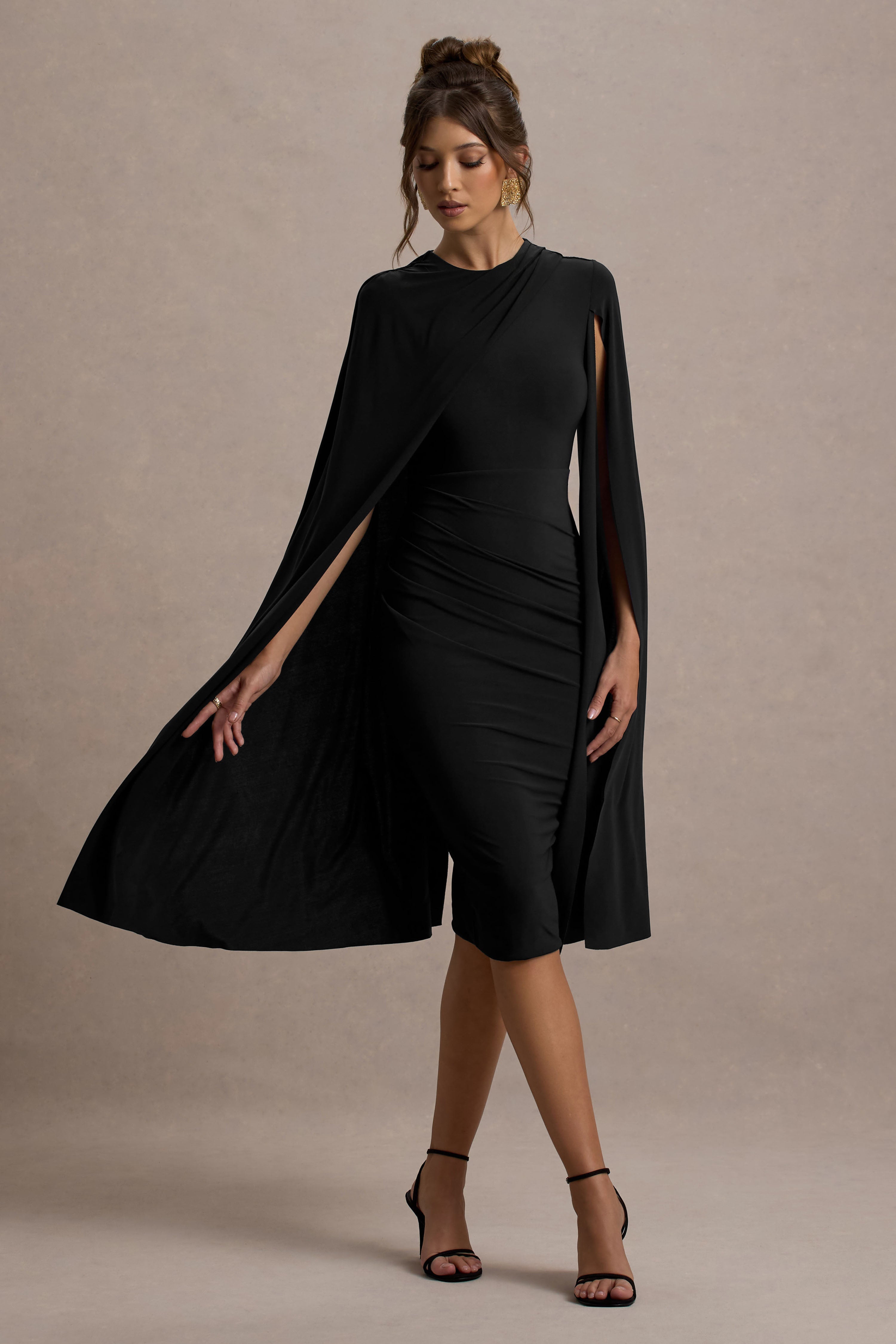 Marysol | Siyah Asimetrik Kloş Midi Elbise