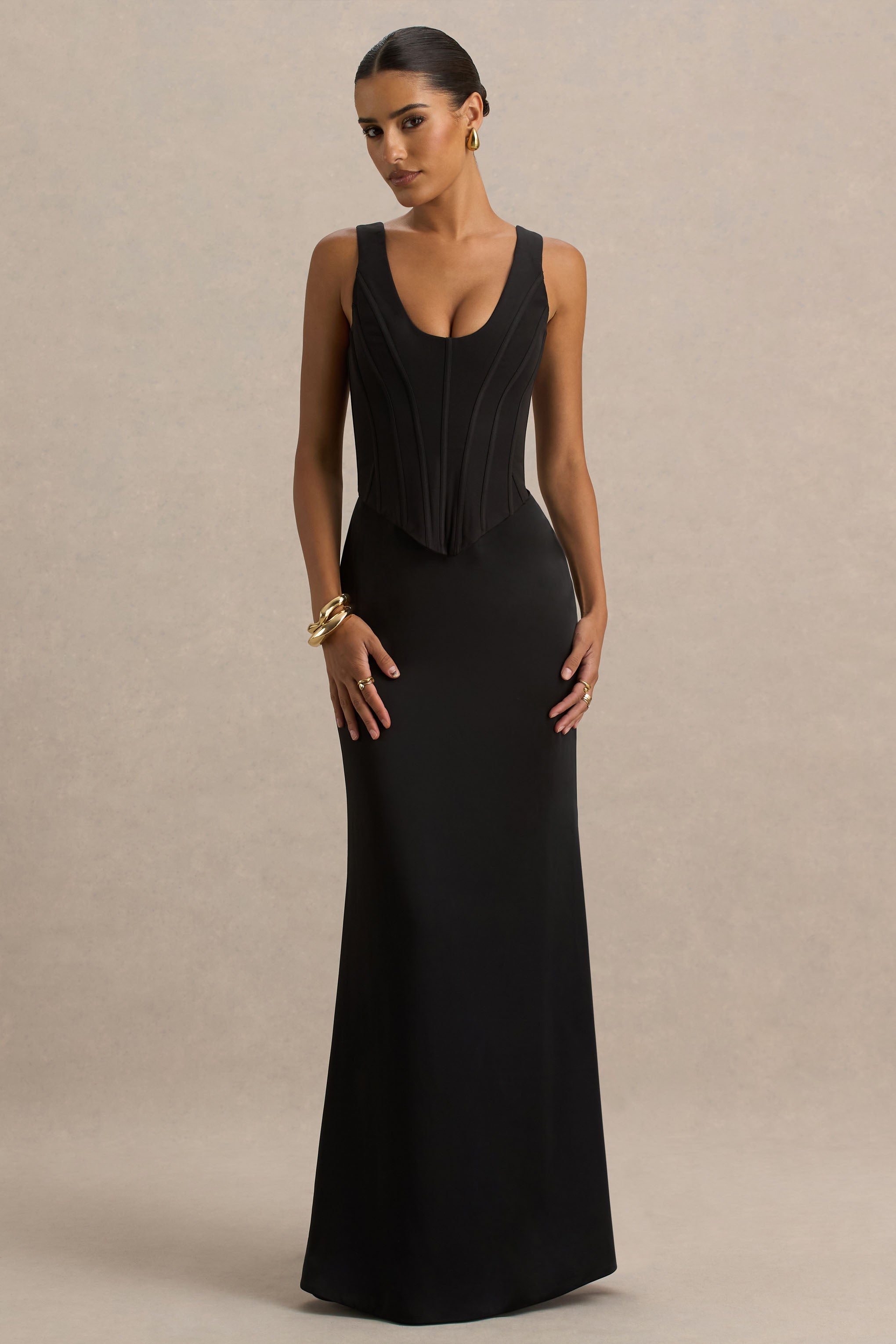 Morgan | Siyah Saten Korse Maxi Elbise