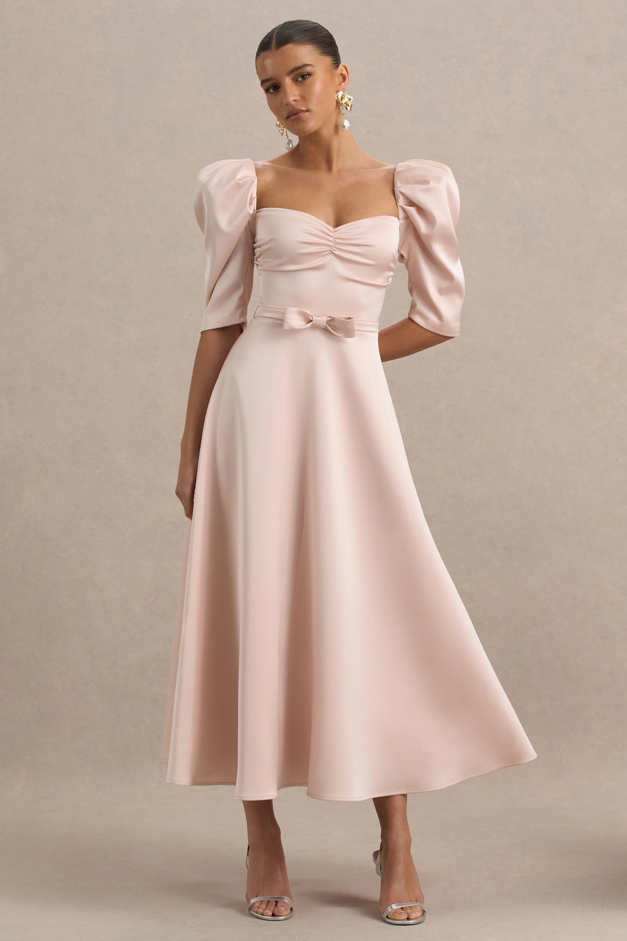 Rosey | Soluk Pembe Saten Kalp Yaka Midi Elbise