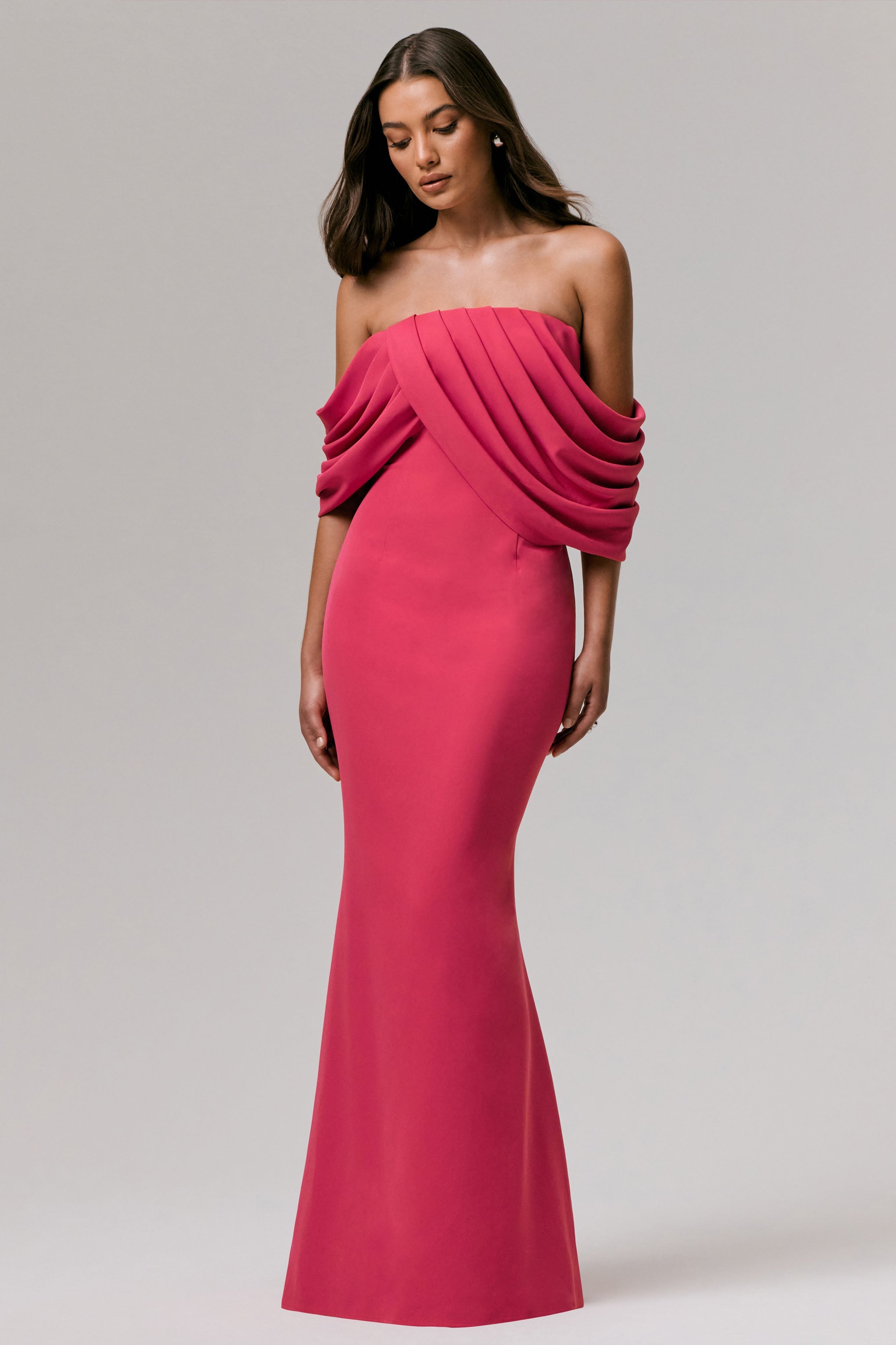 Serene | Sıcak Pembe Drapeli Bardot Maxi Elbise