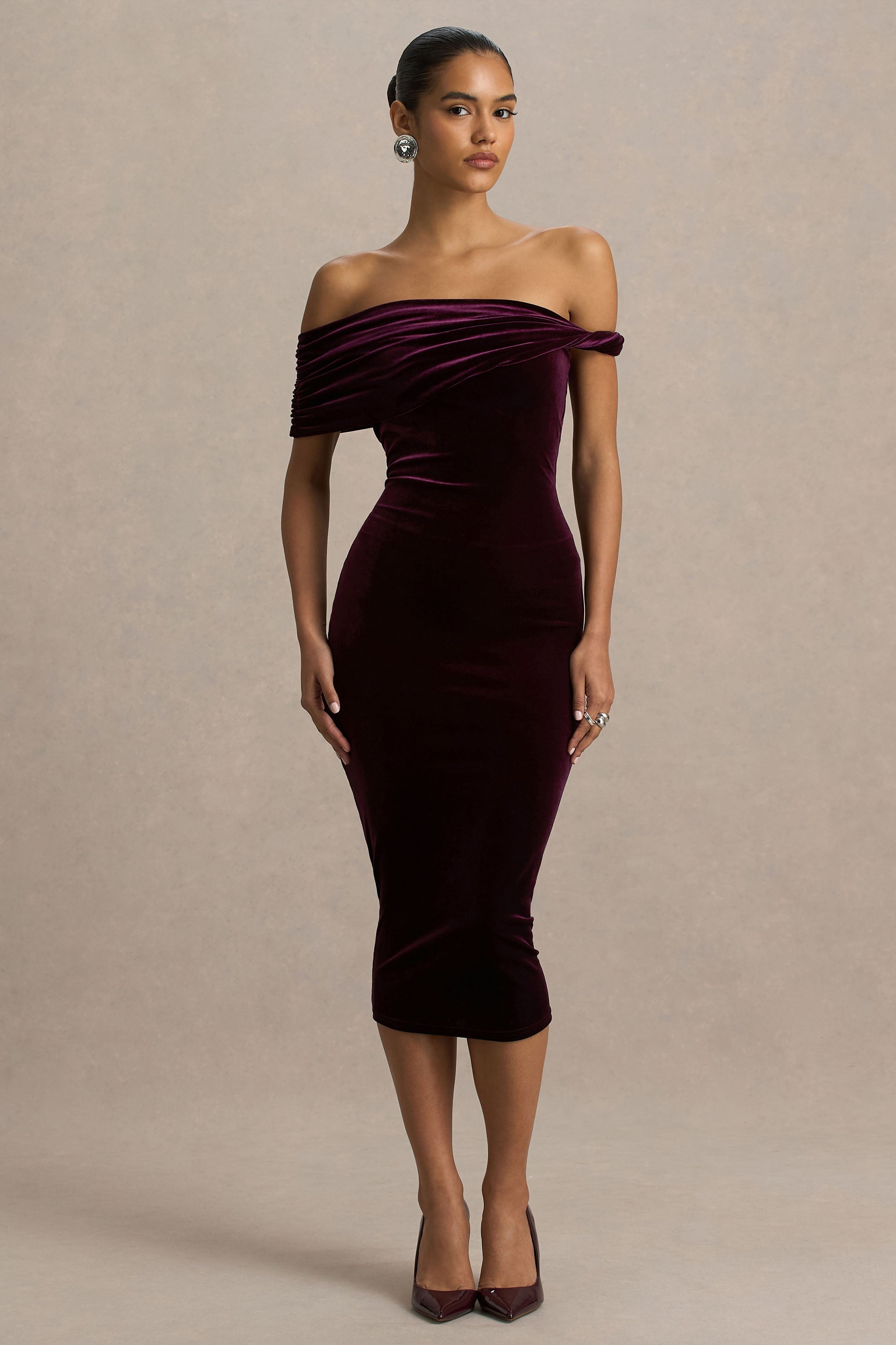 Billie | Bordo Kadife Bardot Yaka Midi Elbise Twist Kolu ile