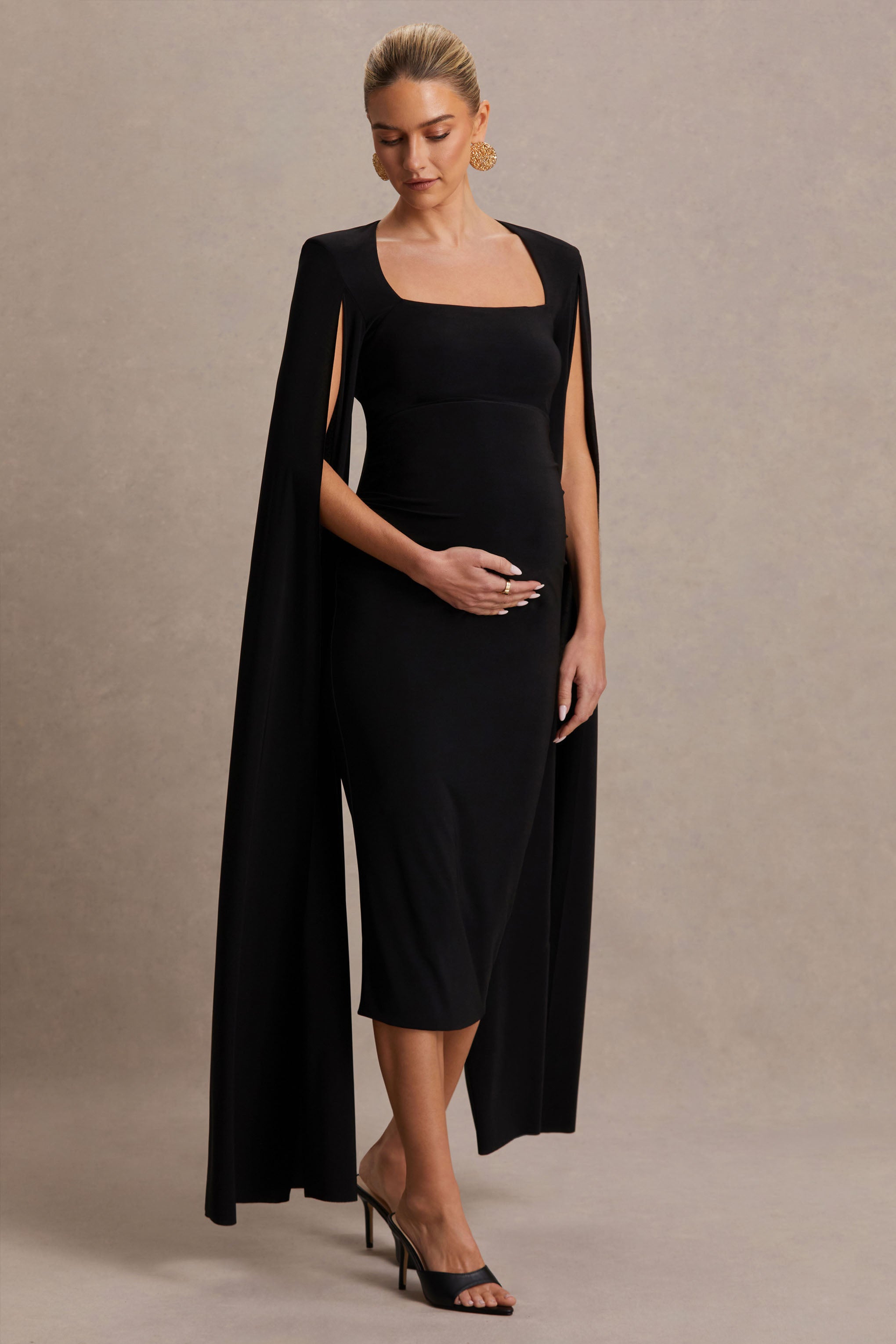 Kusursuz | Siyah Kare Yaka Hamile Midi Elbise, Pelerin Kollarla