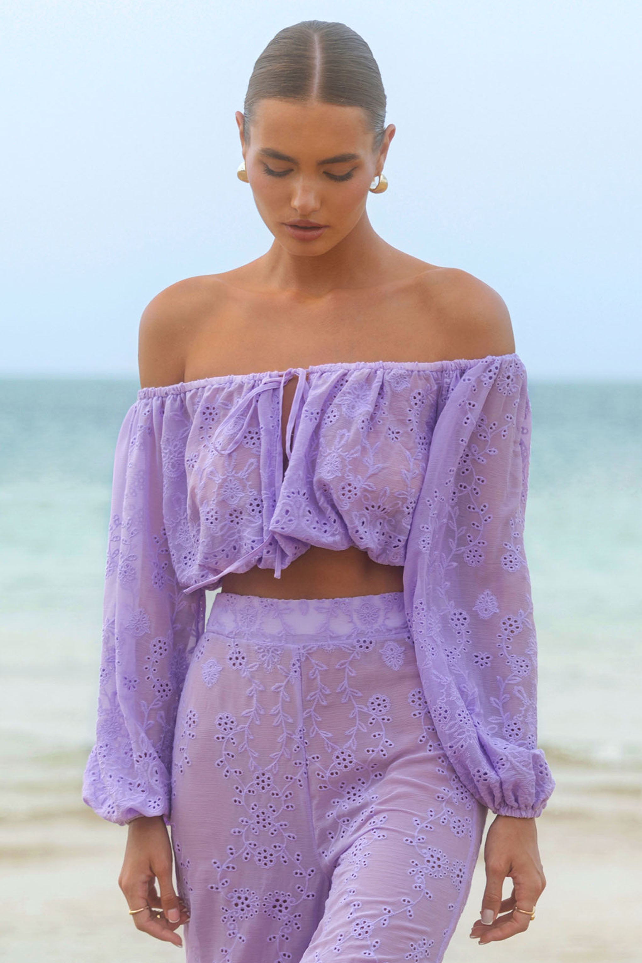 Fabienne | Leylak Broidery Bardot Puf Kollu Üst