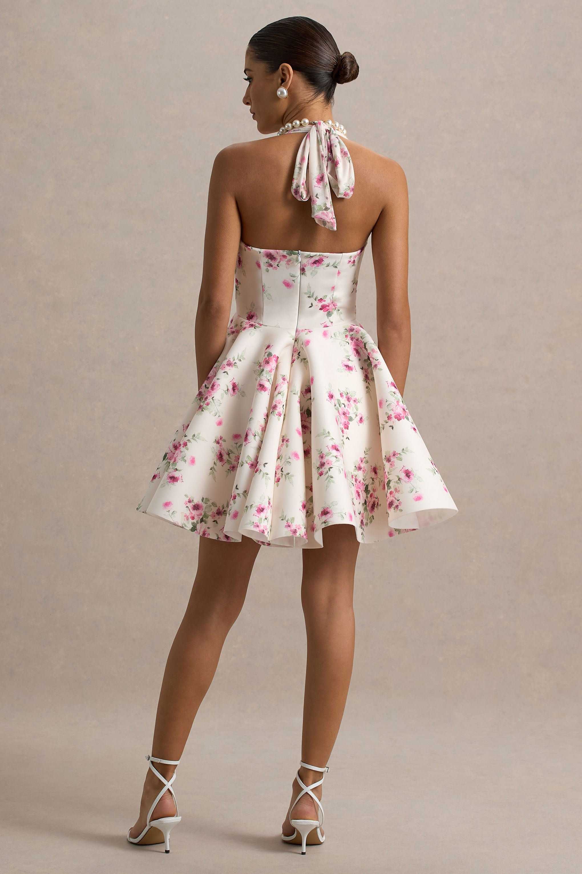 Peggy | Krem ve Pembe Halter Yaka Mini Elbise