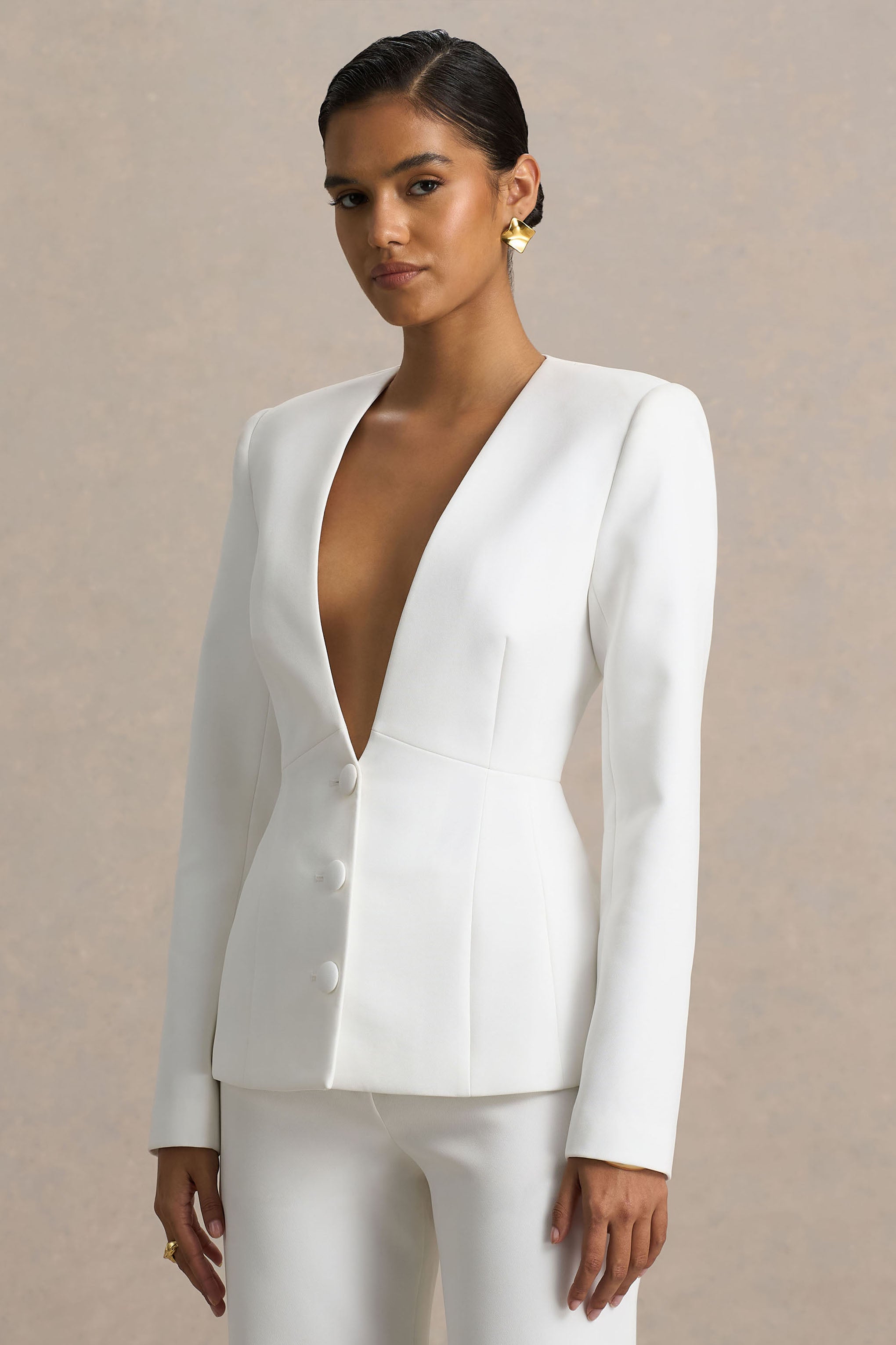 Rosalina | Beyaz Aşırı Derin Yaka Kesim Blazer