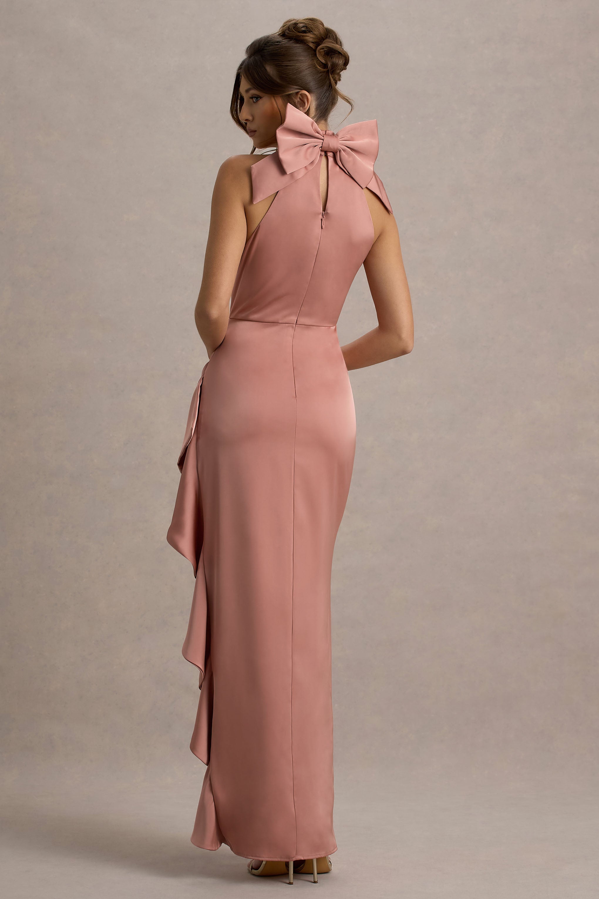 Maureen | Pembe Saten Yüksek Yaka Drapeli Maxi Elbise