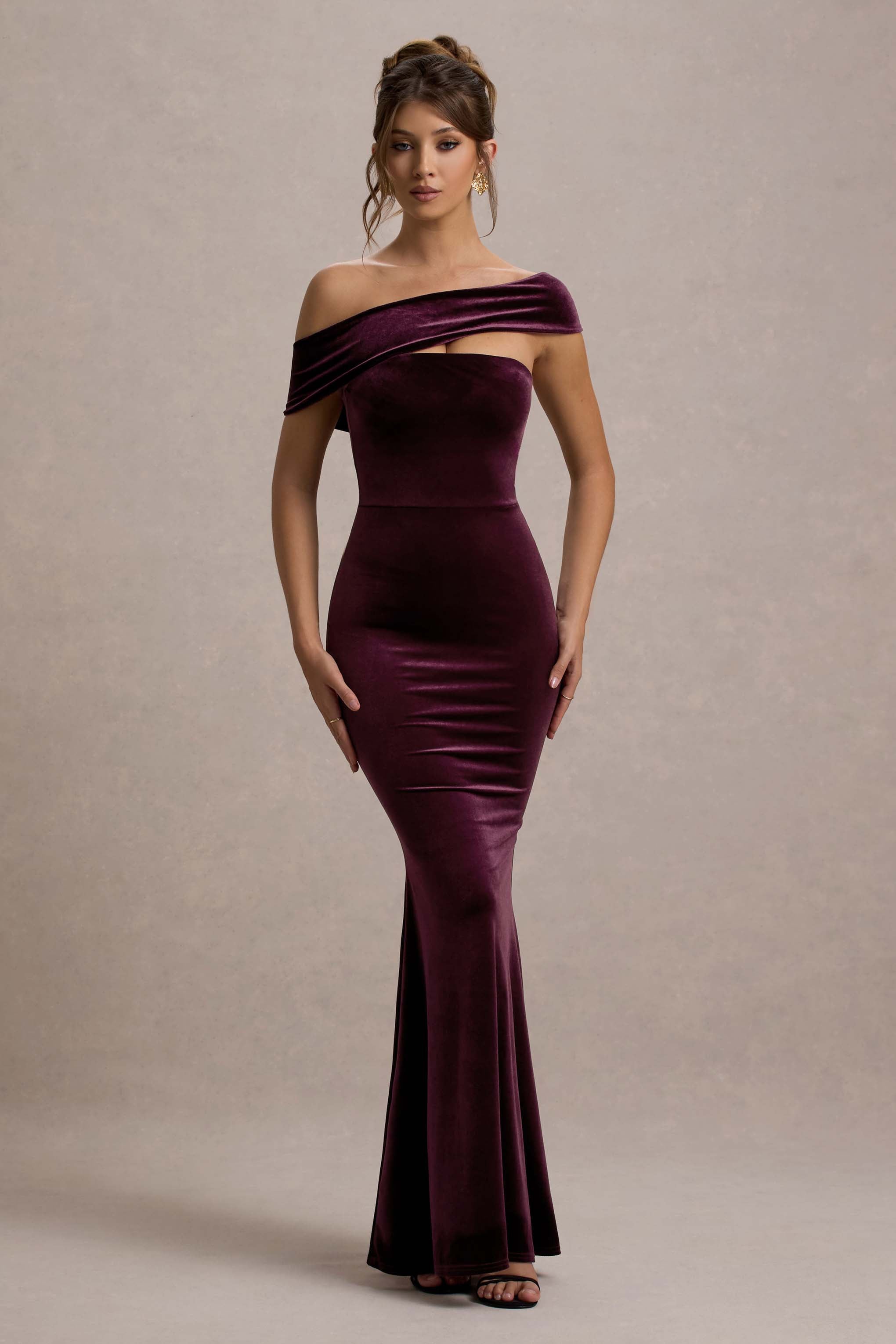 Candela | Port Kadife Asimetrik Bardot Maxi Elbise