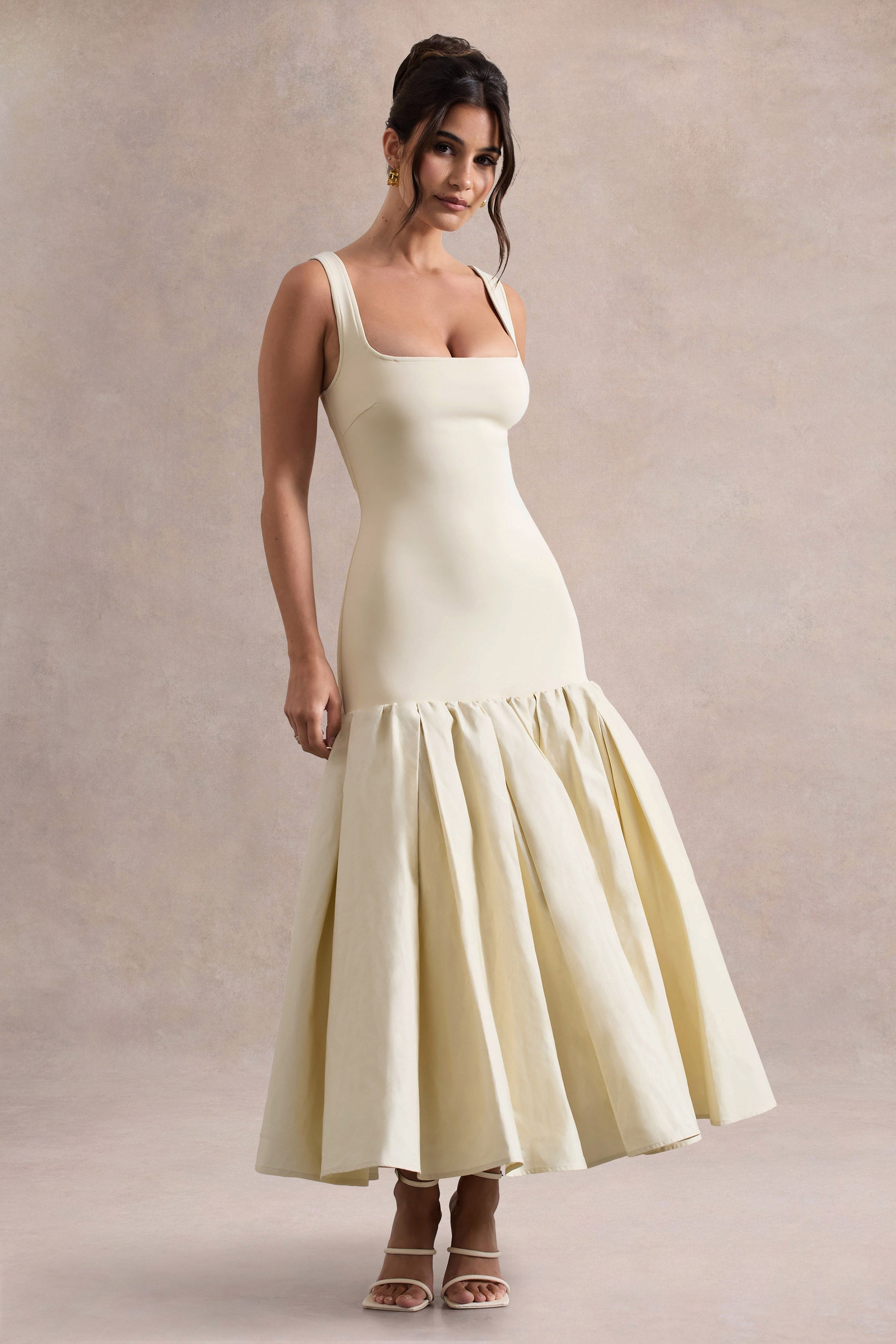 Parida | Peplum Etekli Krem Poplin Midi Elbise