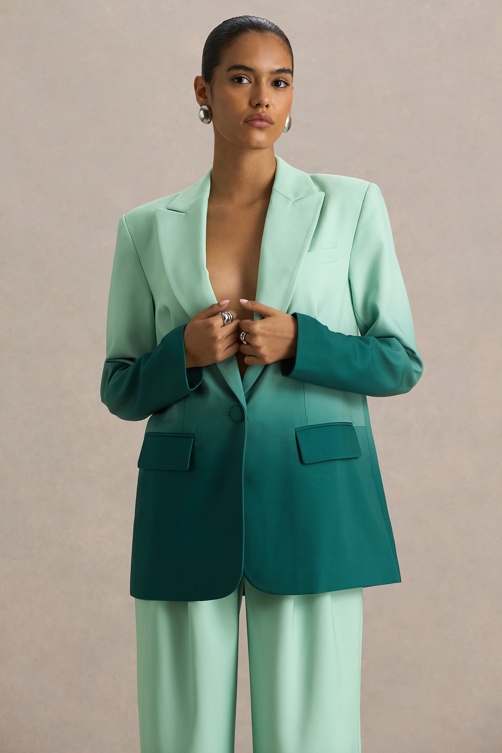 Enya | Zümrüt Ombre Derin Yaka Saten Blazer